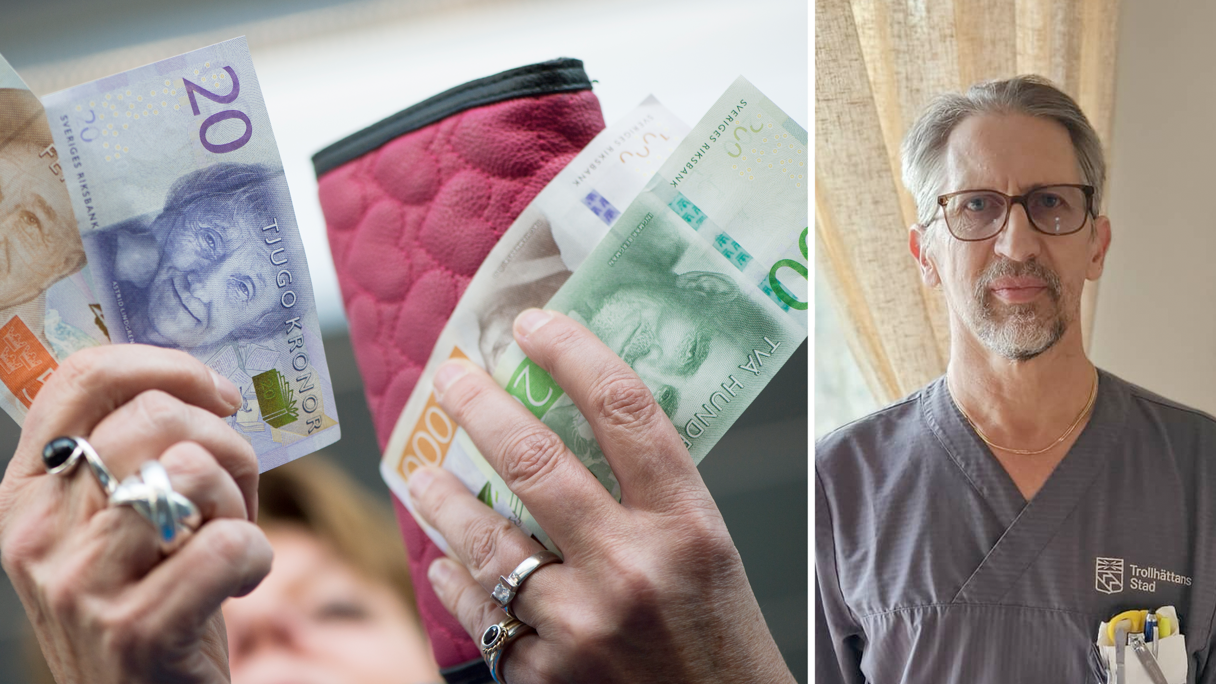 Bildmontage med foto på händer som håller i sedlar invid ett porträtt på Björn-Inge Lindblad.