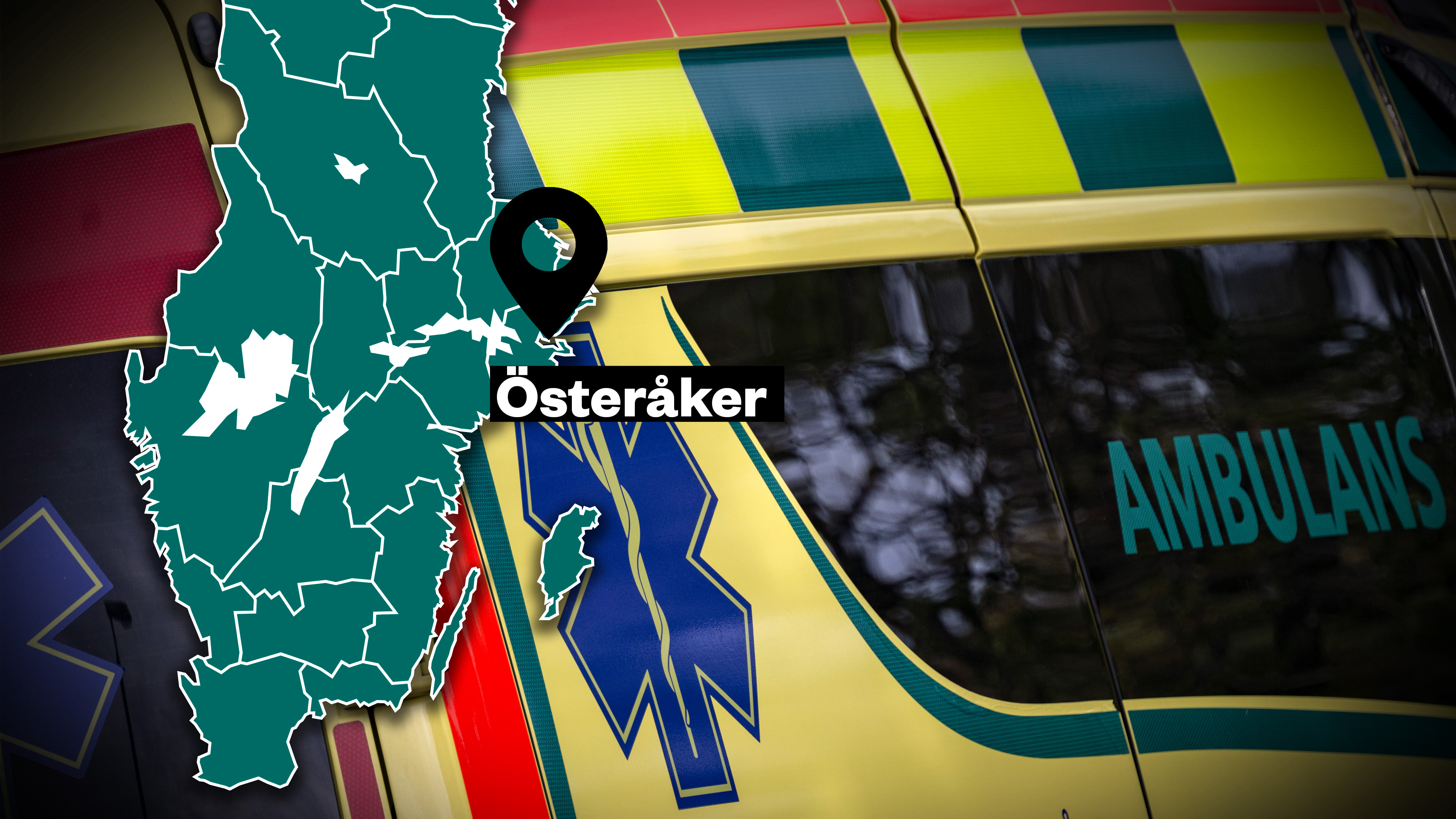 En karta markerar Österåker, Sverige, bredvid en ambulans i gult och grönt med ordet "AMBULANS" synligt på fordonet.