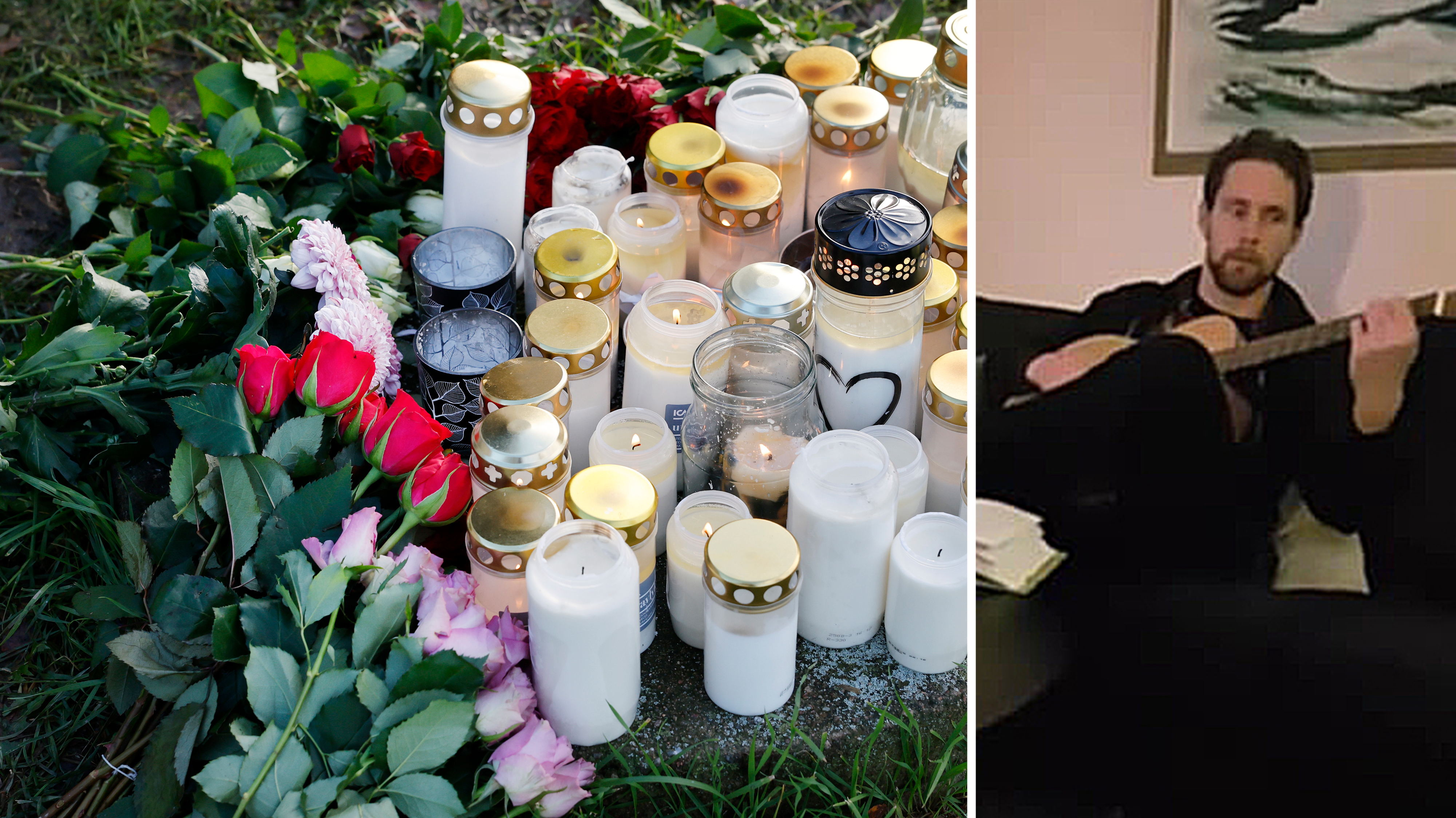 Ett antal ljus och blommor ligger på gräs; bredvid sitter en person inomhus och spelar akustisk gitarr.