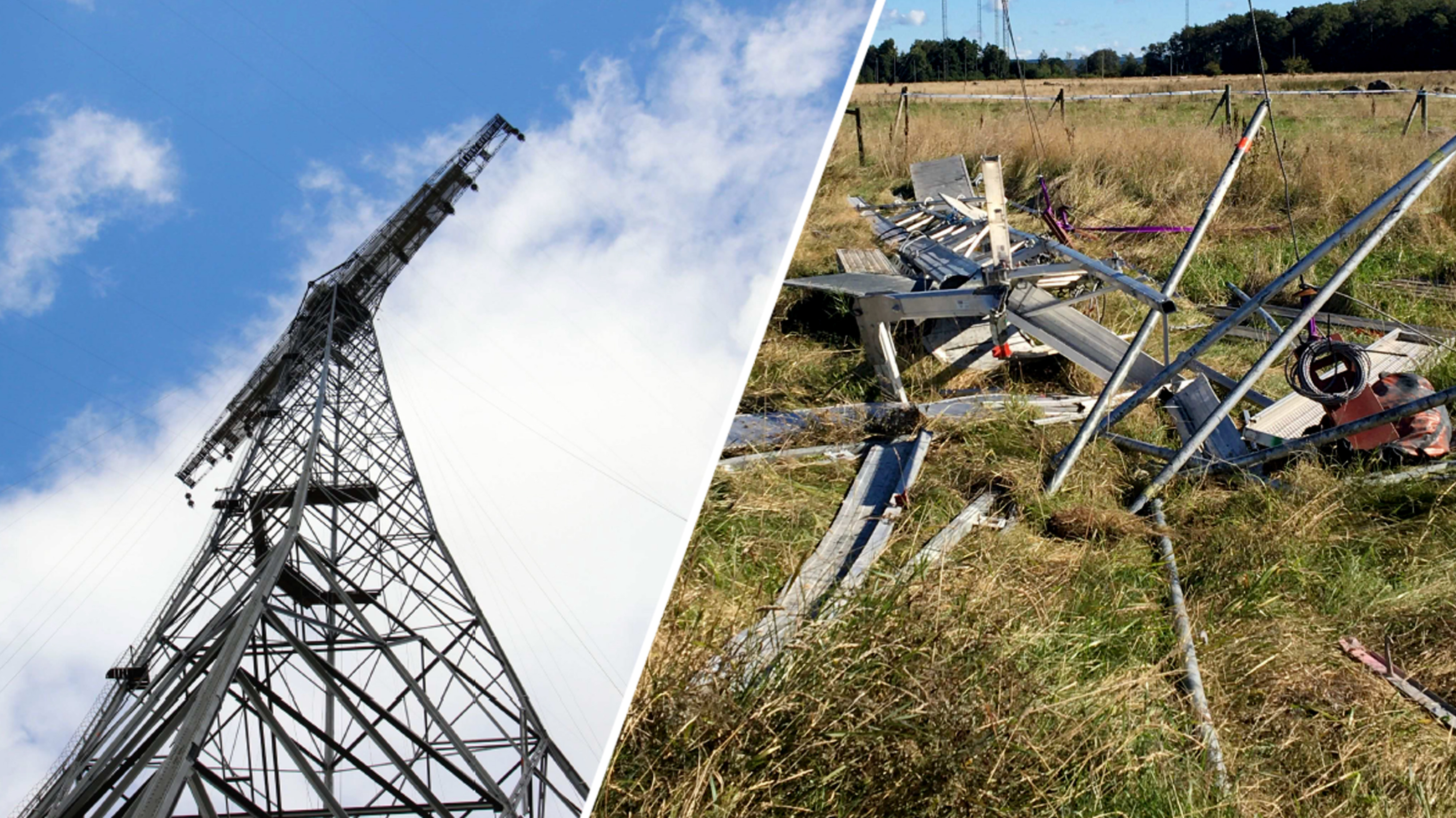 Ett radiotorn står upprätt till vänster; till höger ligger en sönderslagen arbetskorg i gräset.