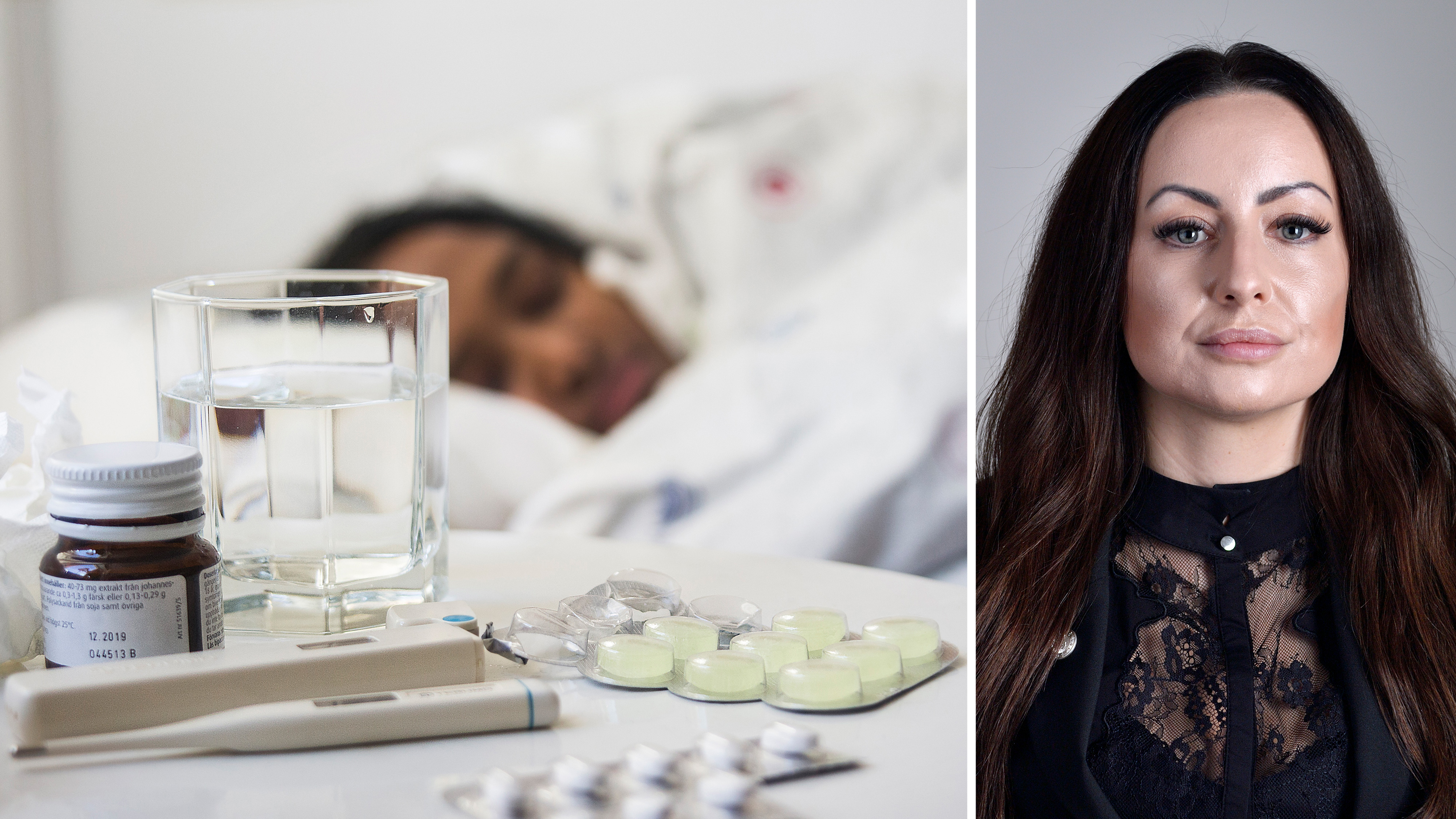 Närbild av mediciner, ett glas vatten och en termometer nära personen i sängen och porträtt av en kvinna med långt mörkt hår.