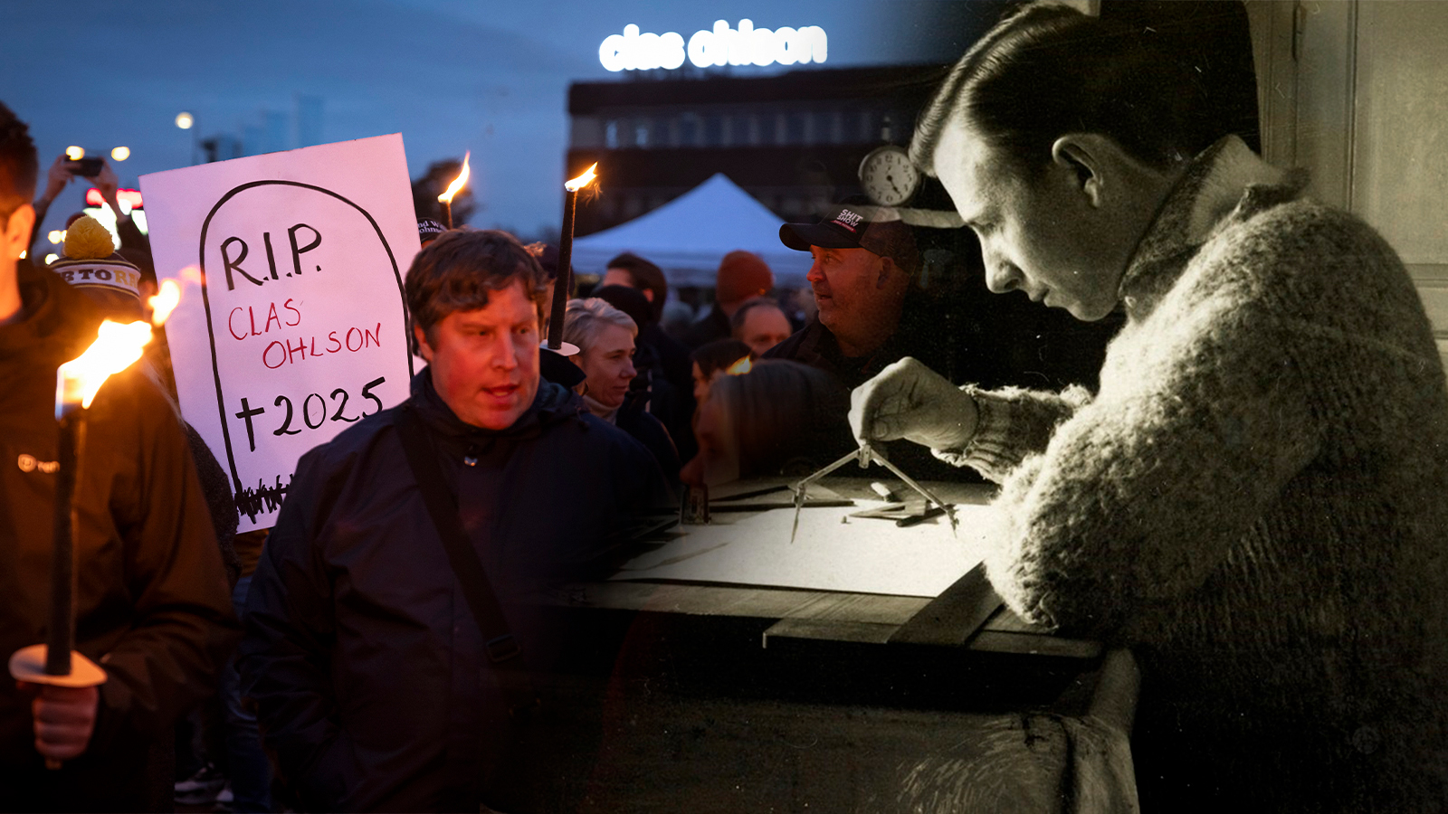 En man håller en skylt med texten "R.I.P. Clas Ohlson †2025" vid en protest med facklor; till höger syns ett gammalt svartvitt foto av Clas Ohlson som ritar med passare.