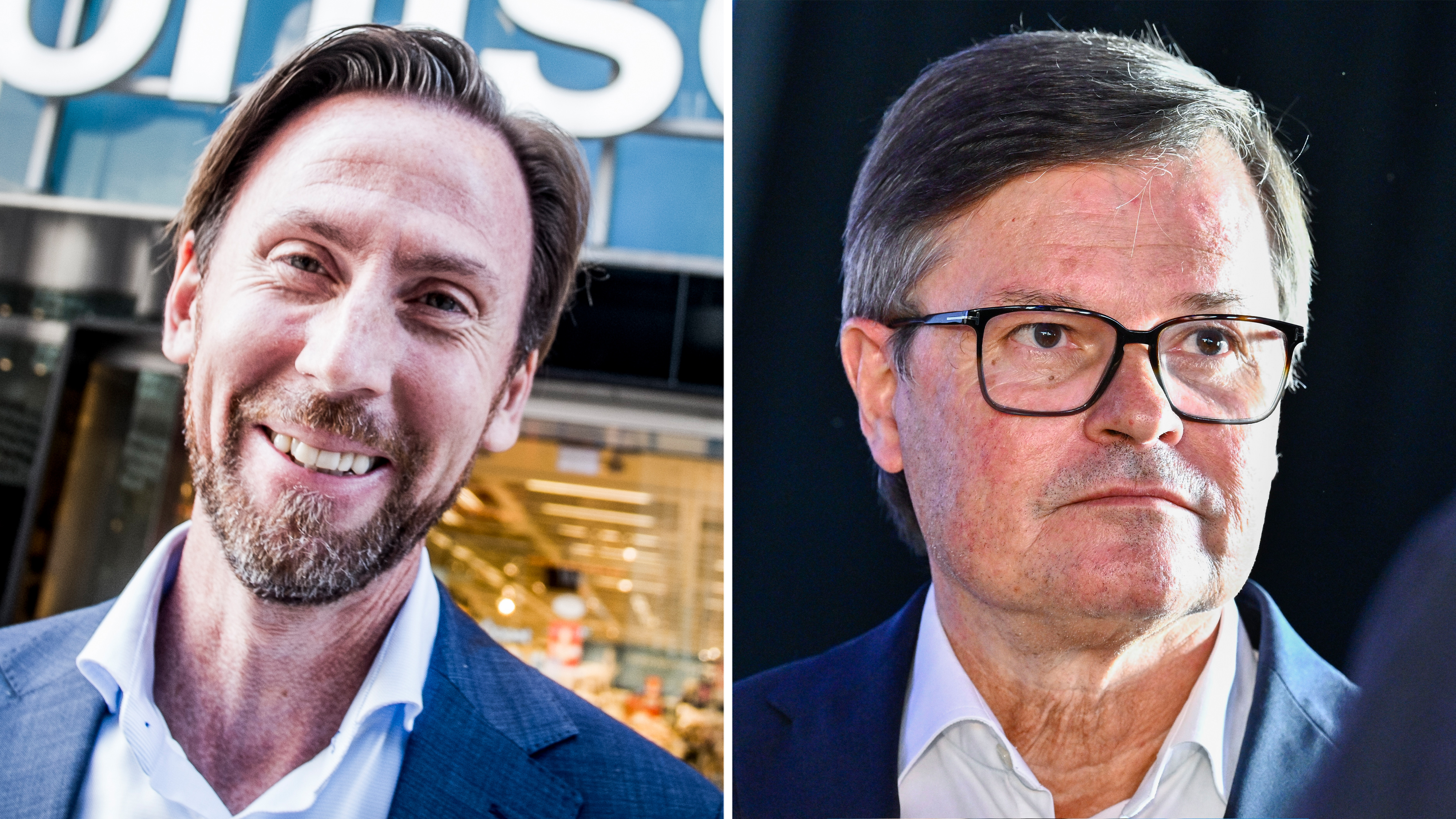 Två män i affärskläder; mannen till vänster ler utomhus, medan mannen till höger står inomhus med glasögon.