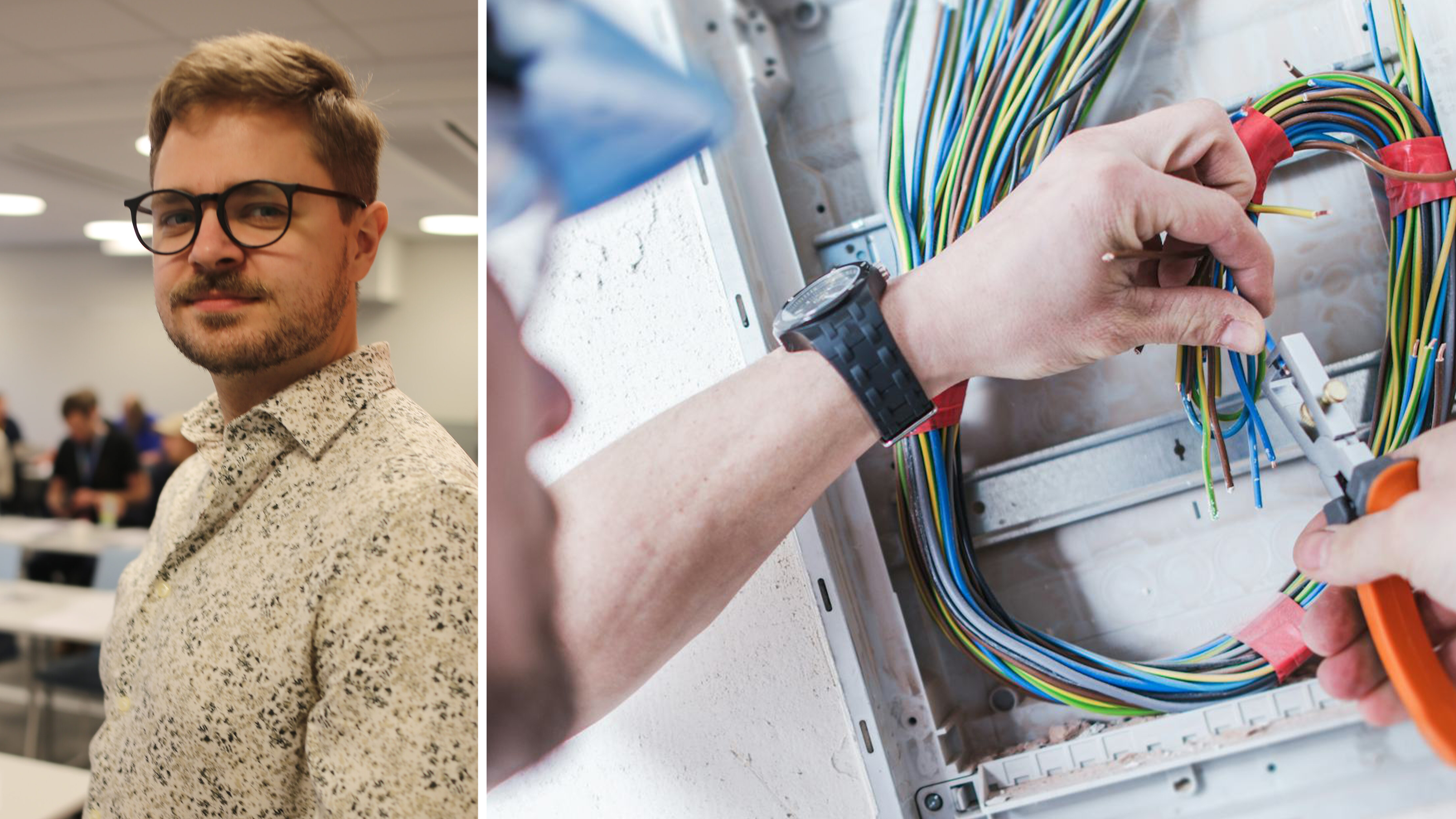 Delad bild: En man med glasögon står i ett klassrum, i den andra bildrutan arbetar händer med elledningar i en kopplingsdosa.