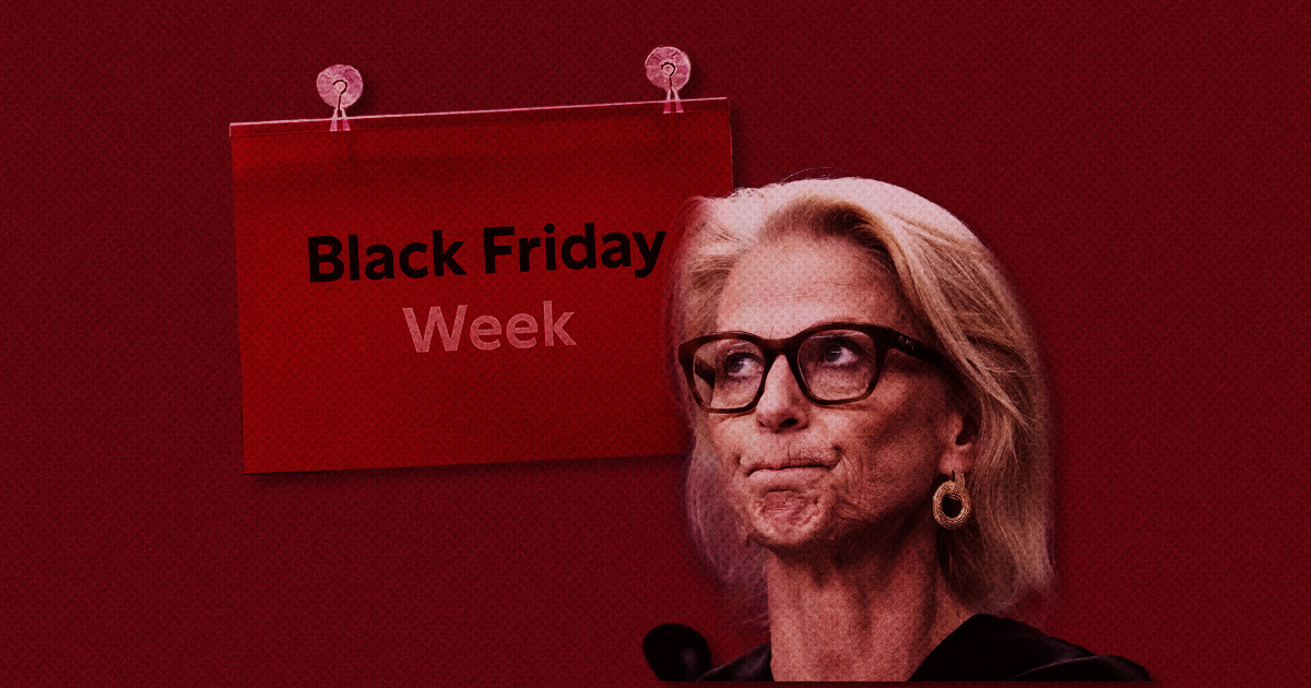 Finansminister Elisbeth Svantesson (M) som har glasögon och är inklippt framför en röd skylt med texten "Black Friday Week" mot en mörkröd bakgrund.