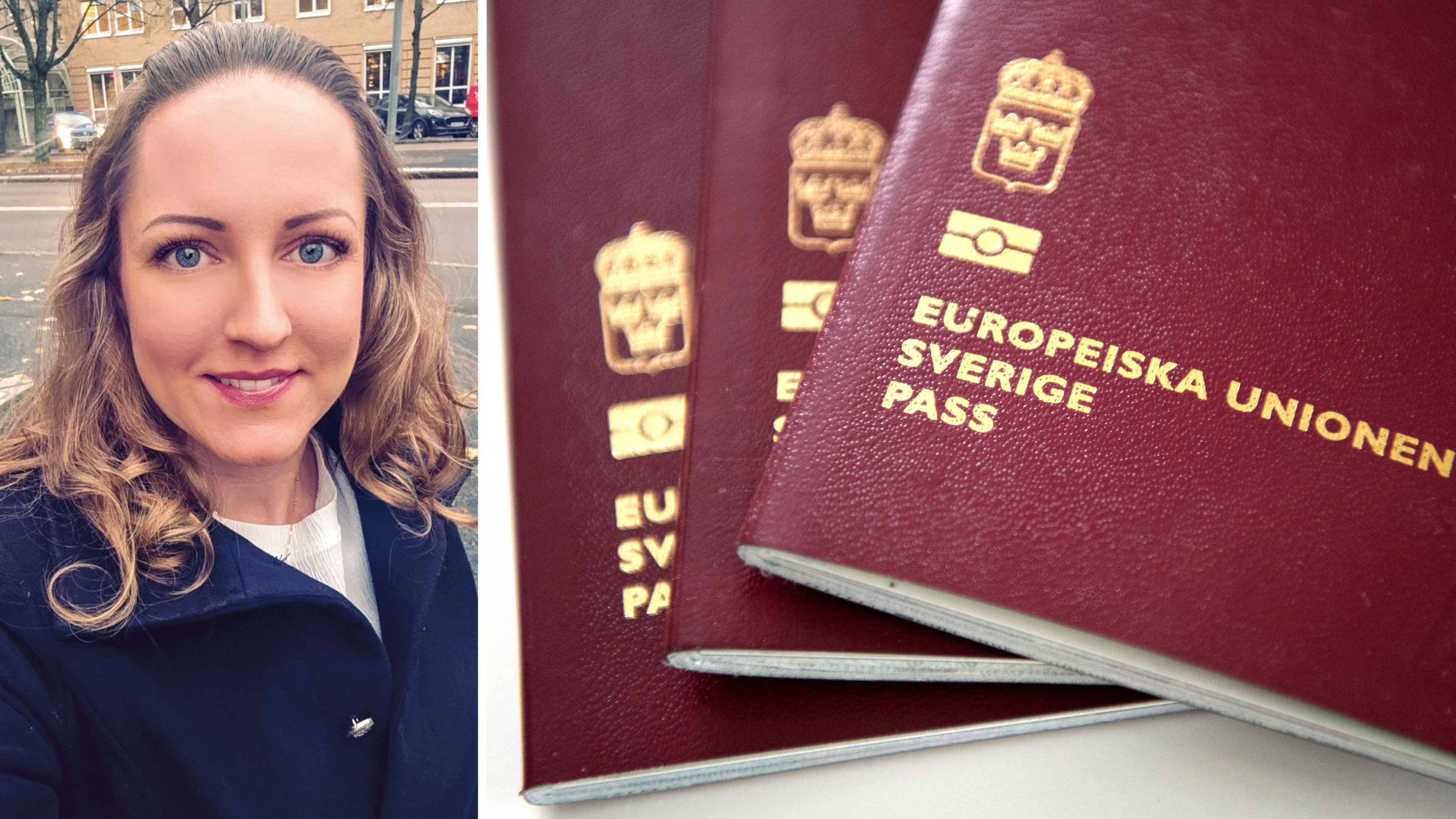 En kvinna står utomhus på en gata. Bredvid henne ligger tre svenska pass med texten "Europeiska Unionen Sverige Pass" synlig.