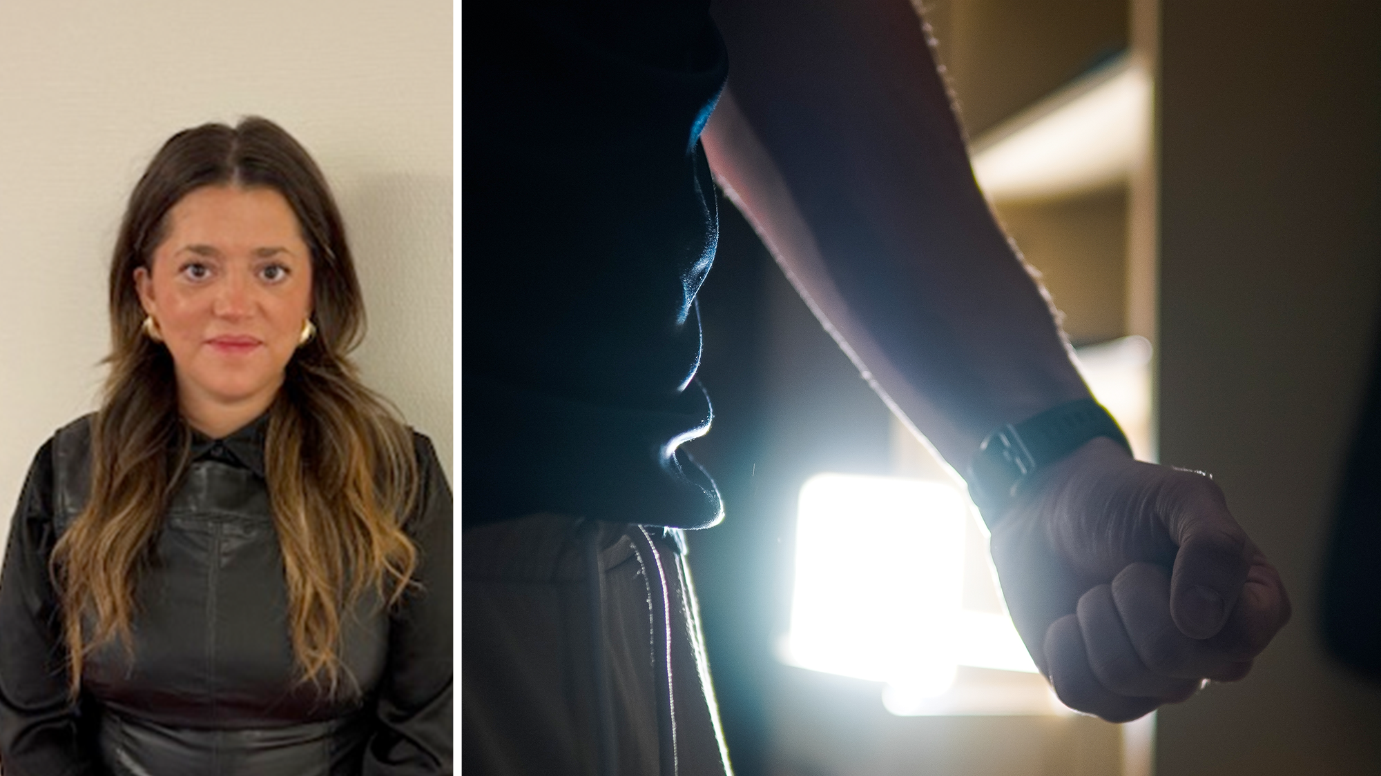 Bildmontage med foto på Caroline Nilsson invid en närbild på en arm med knuten näve.