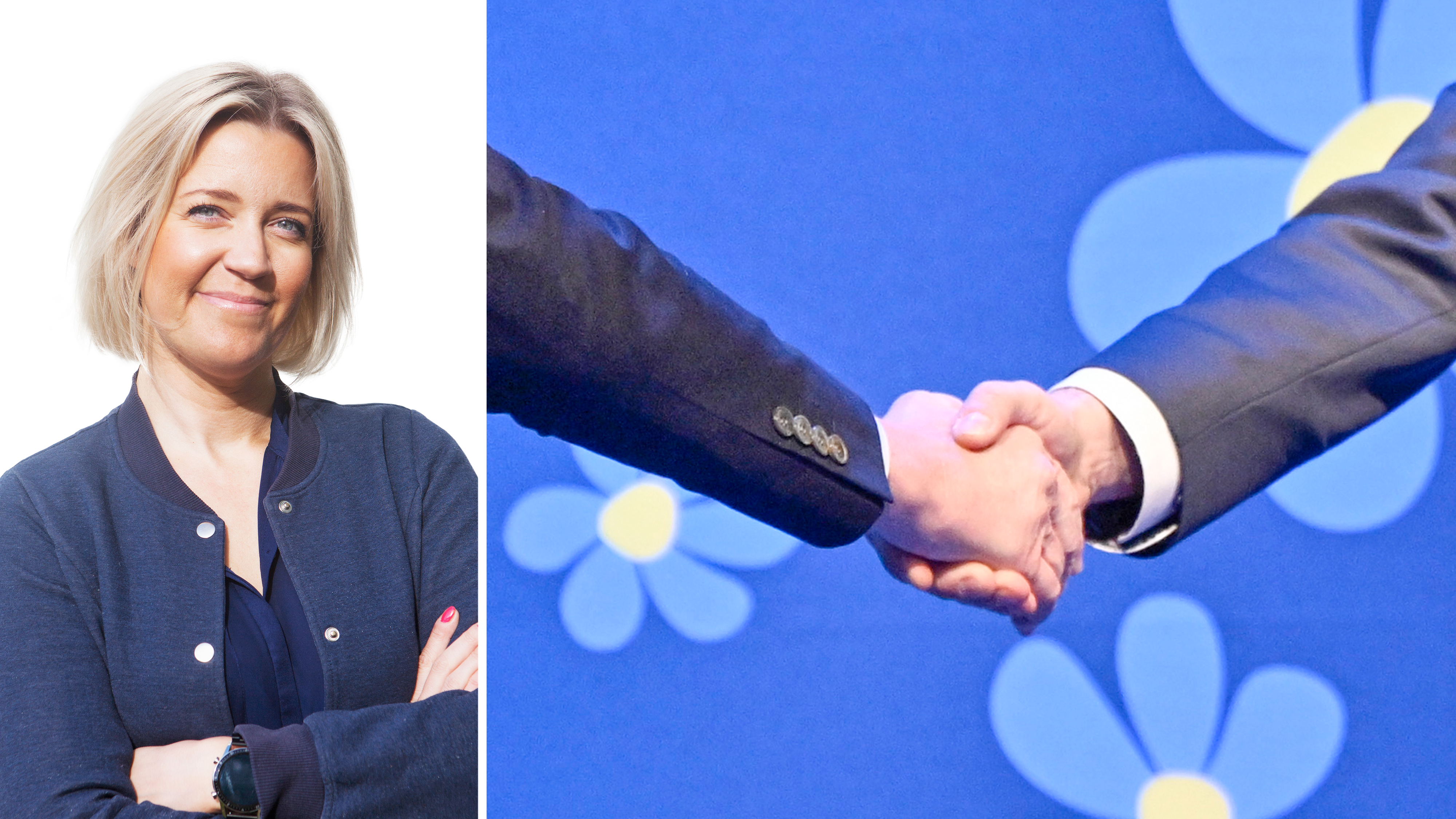 Bildmontage med porträtt på Jenny Bengtsson invid ett foto på två händer som skakar hand framför en blå bakgrund med Sverigedemokraternas blomma på.