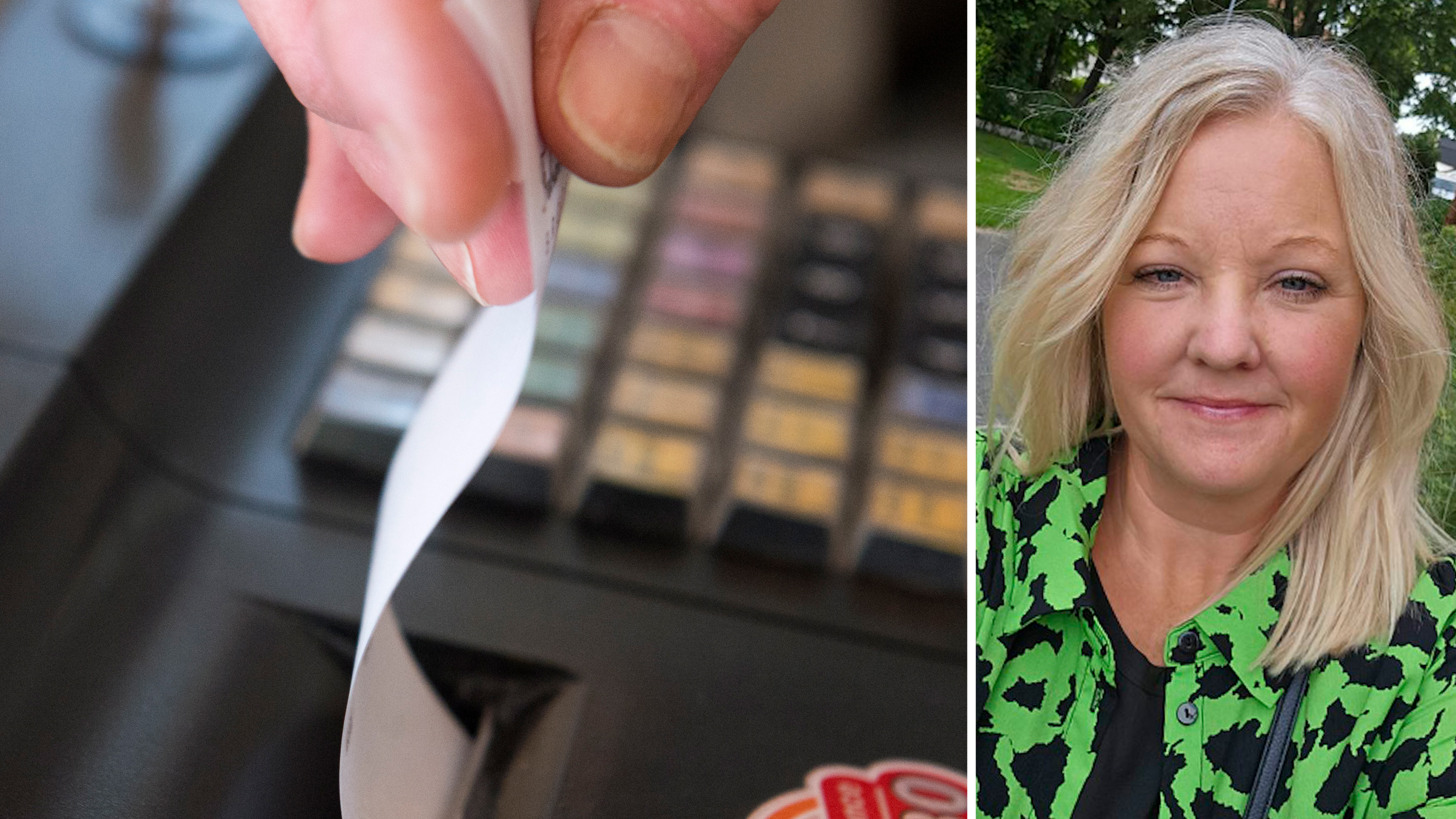 Till vänster syns en hand som drar ut ett kvitto, till höger syns en kvinna med blont hår och grön jacka.