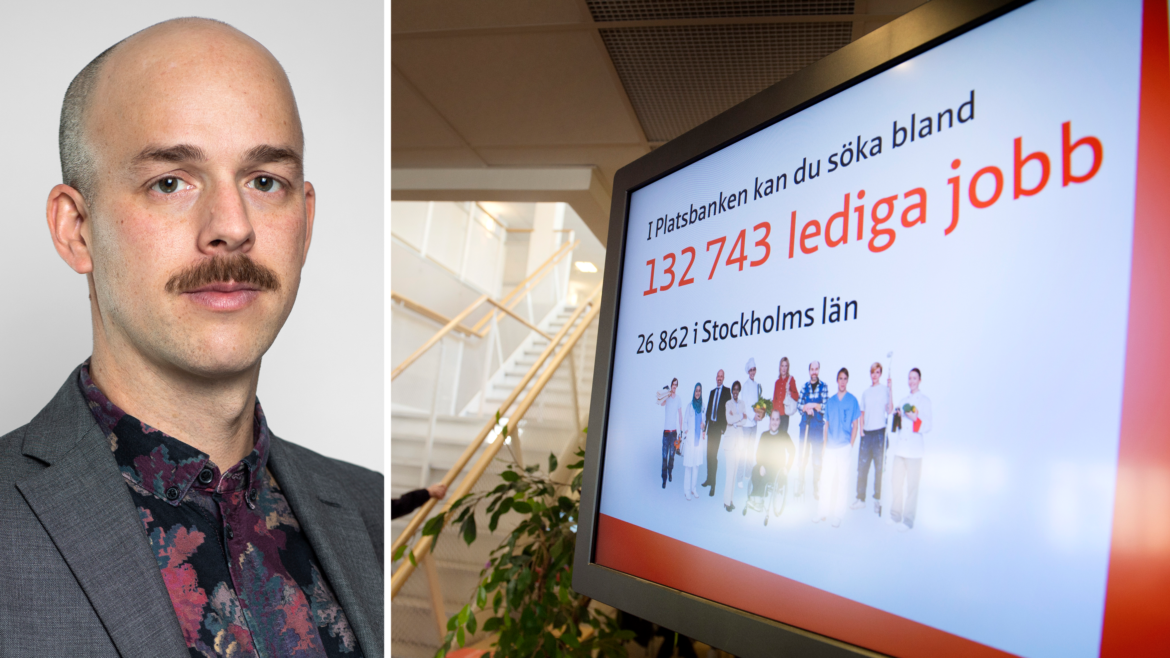 En bild delad i två, med en man med mustasch i kostym till vänster och en jobbsökningsskärm på svenska till höger.