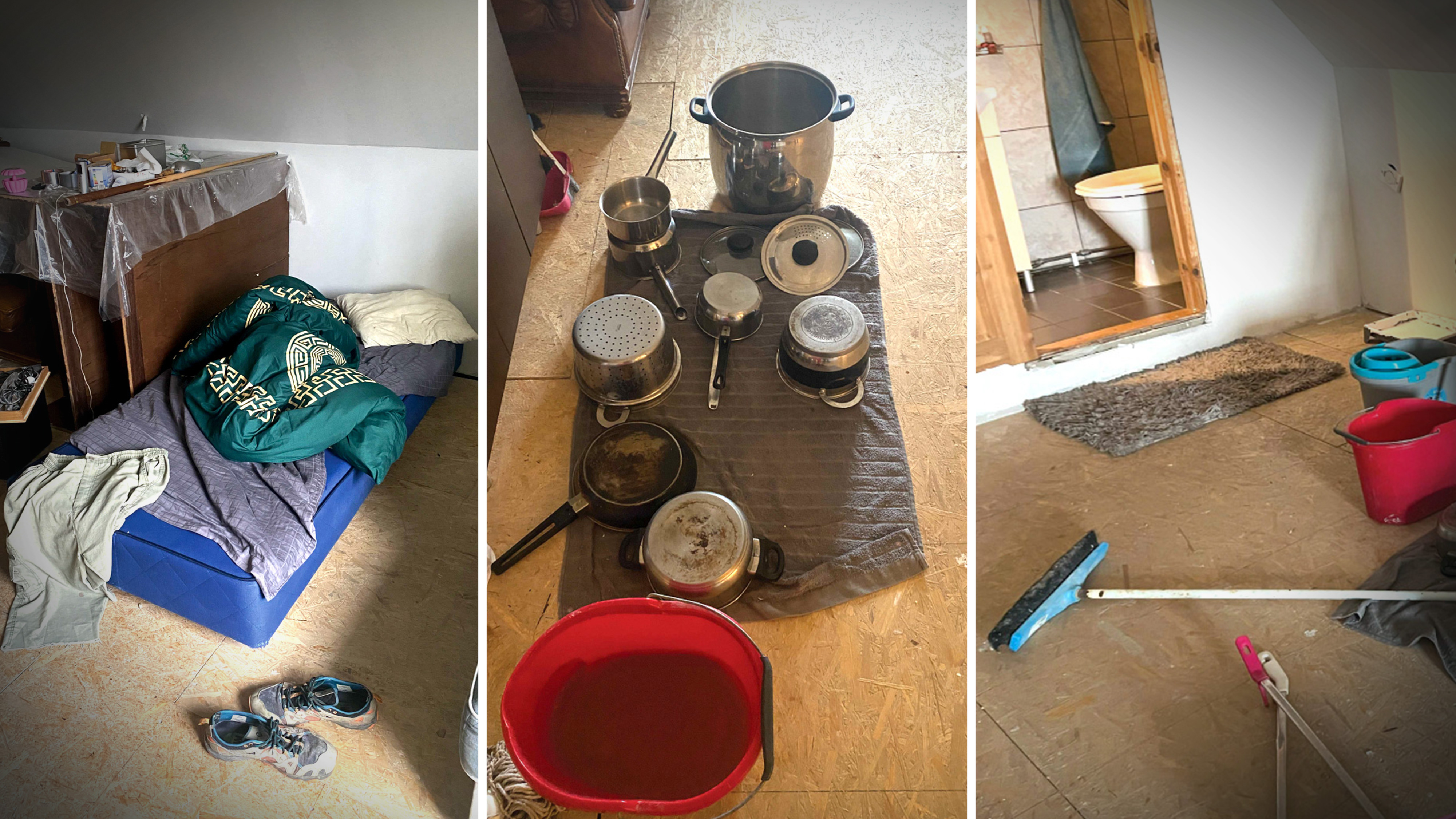 Tre bilder visar en provisorisk säng, olika köksgrytor på en matta och ett enkelt badrum med rengöringsmedel och mopp.