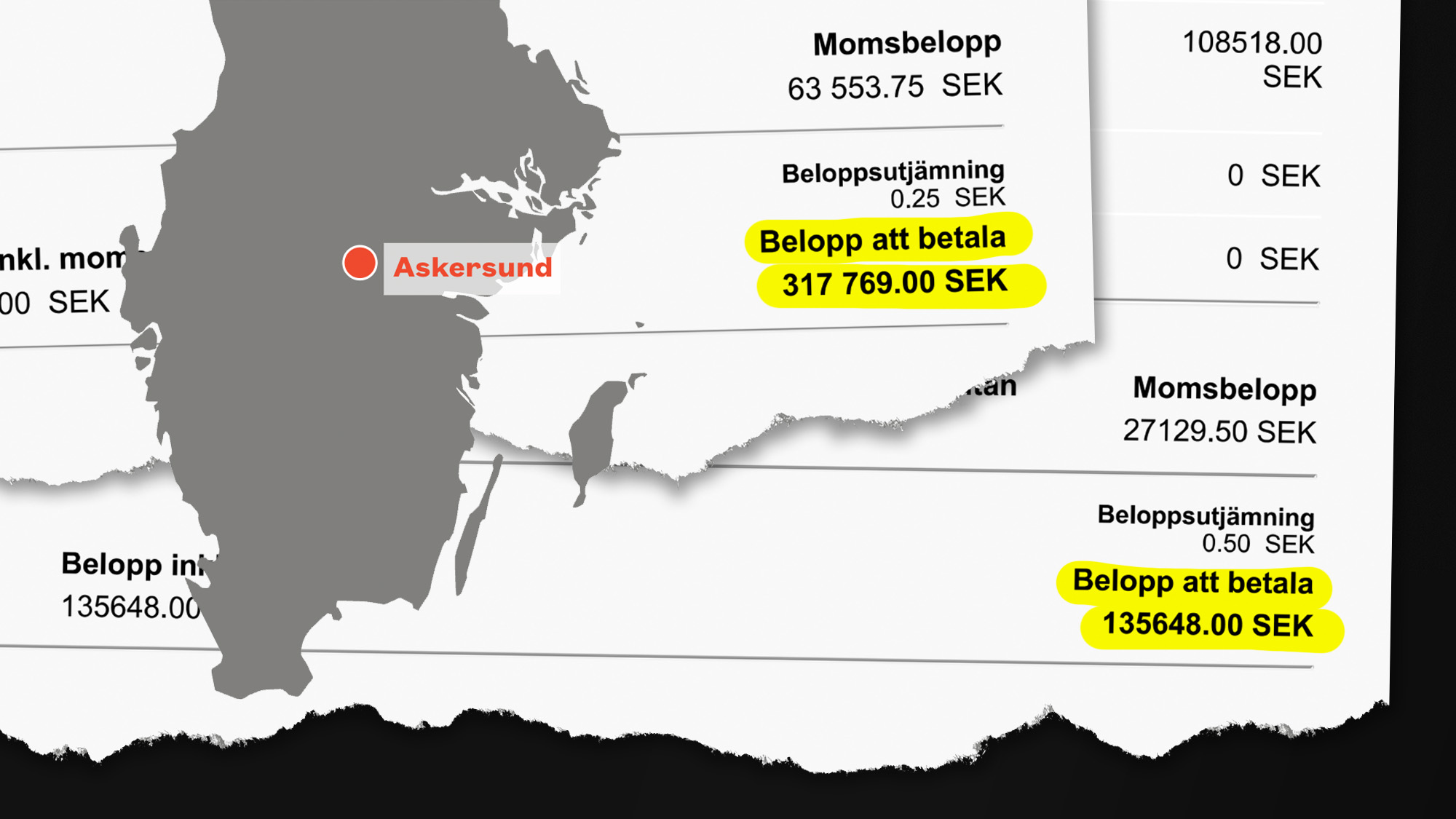 En papperskarta över Sverige med Askersund markerat, under ligger svenska fakturor med belopp markerade i gult.