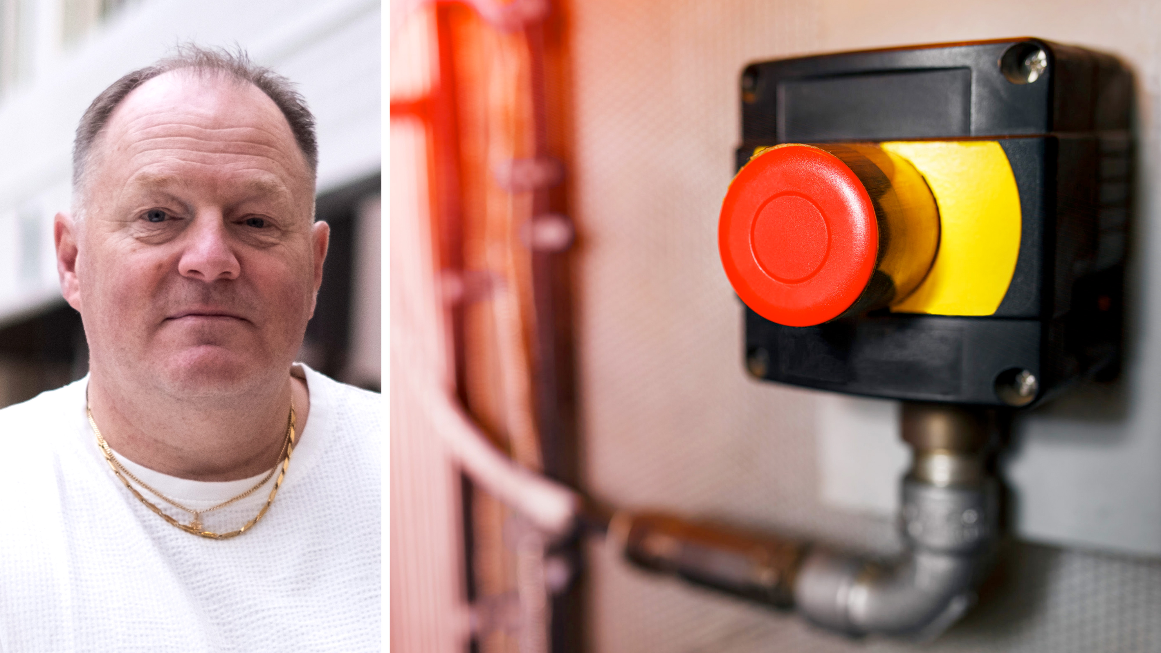 En man med vit skjorta och guldkedjor visas till vänster; till höger syns en närbild av en röd nödstoppsknapp på en vägg.