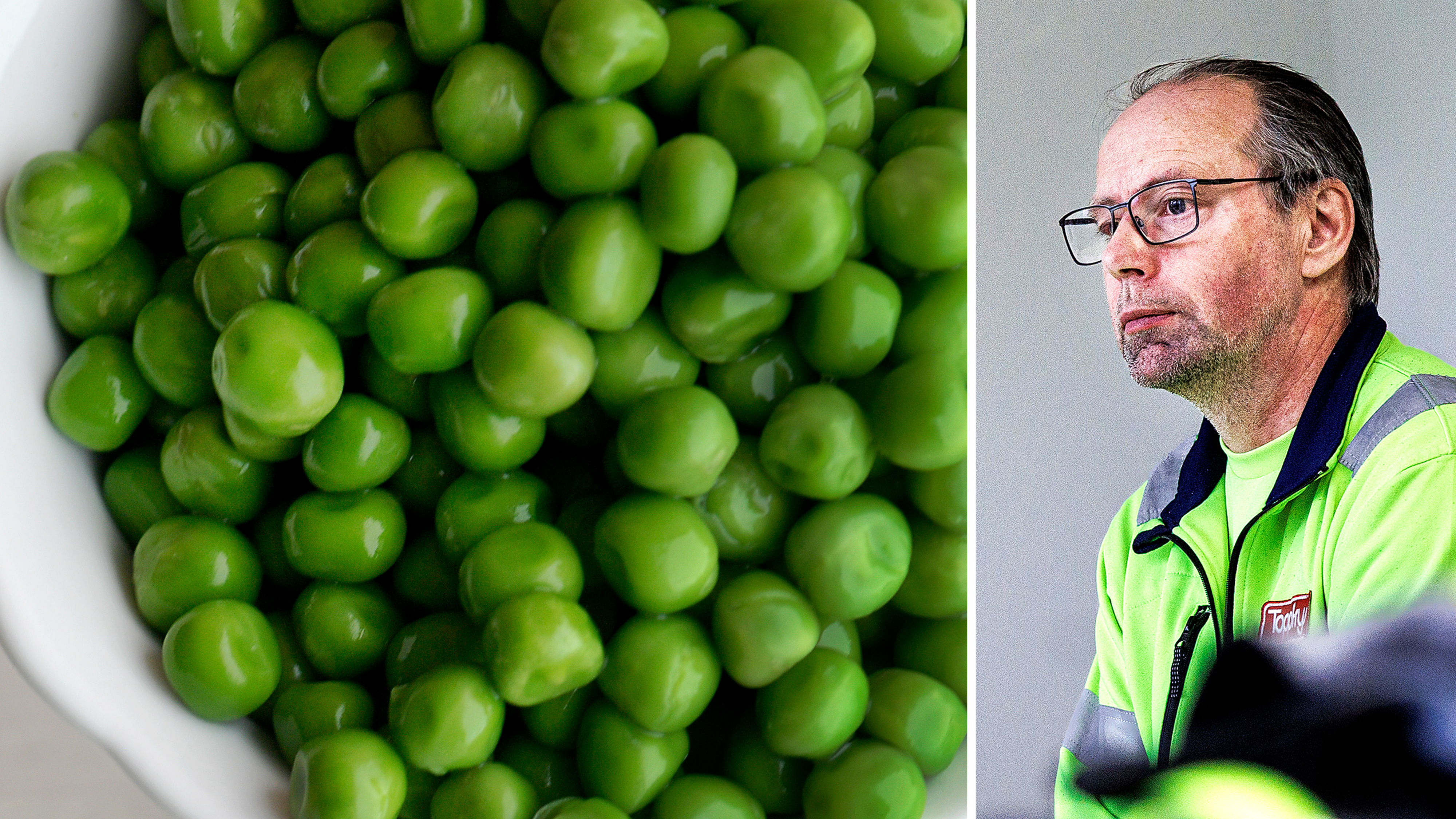 En skål med gröna ärtor till vänster; en man i varseljacka och glasögon tittar åt sidan till höger.