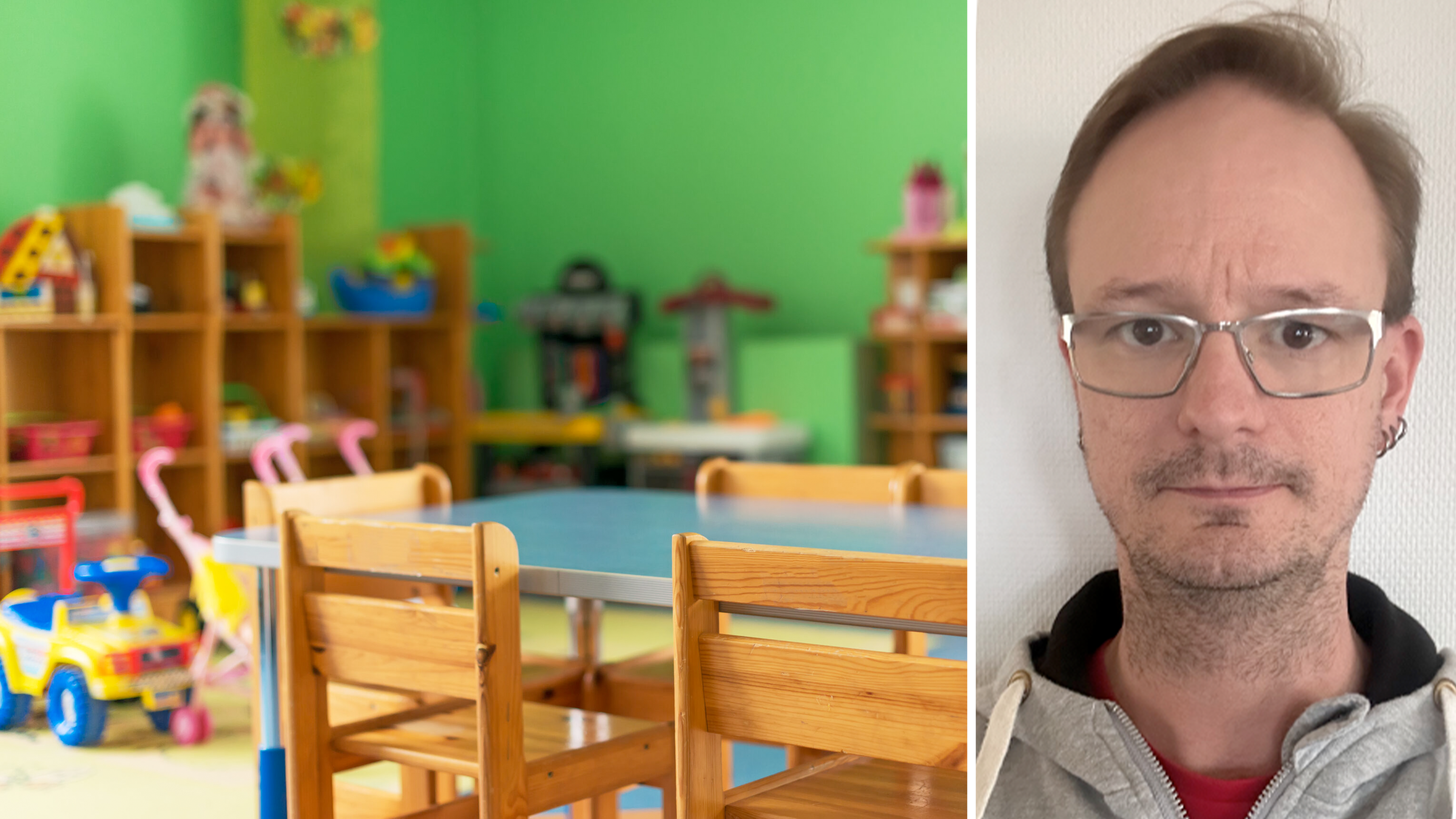 Bildmontage med foto på ett tomt föreskolerum invid ett foto på Oskar Engström.