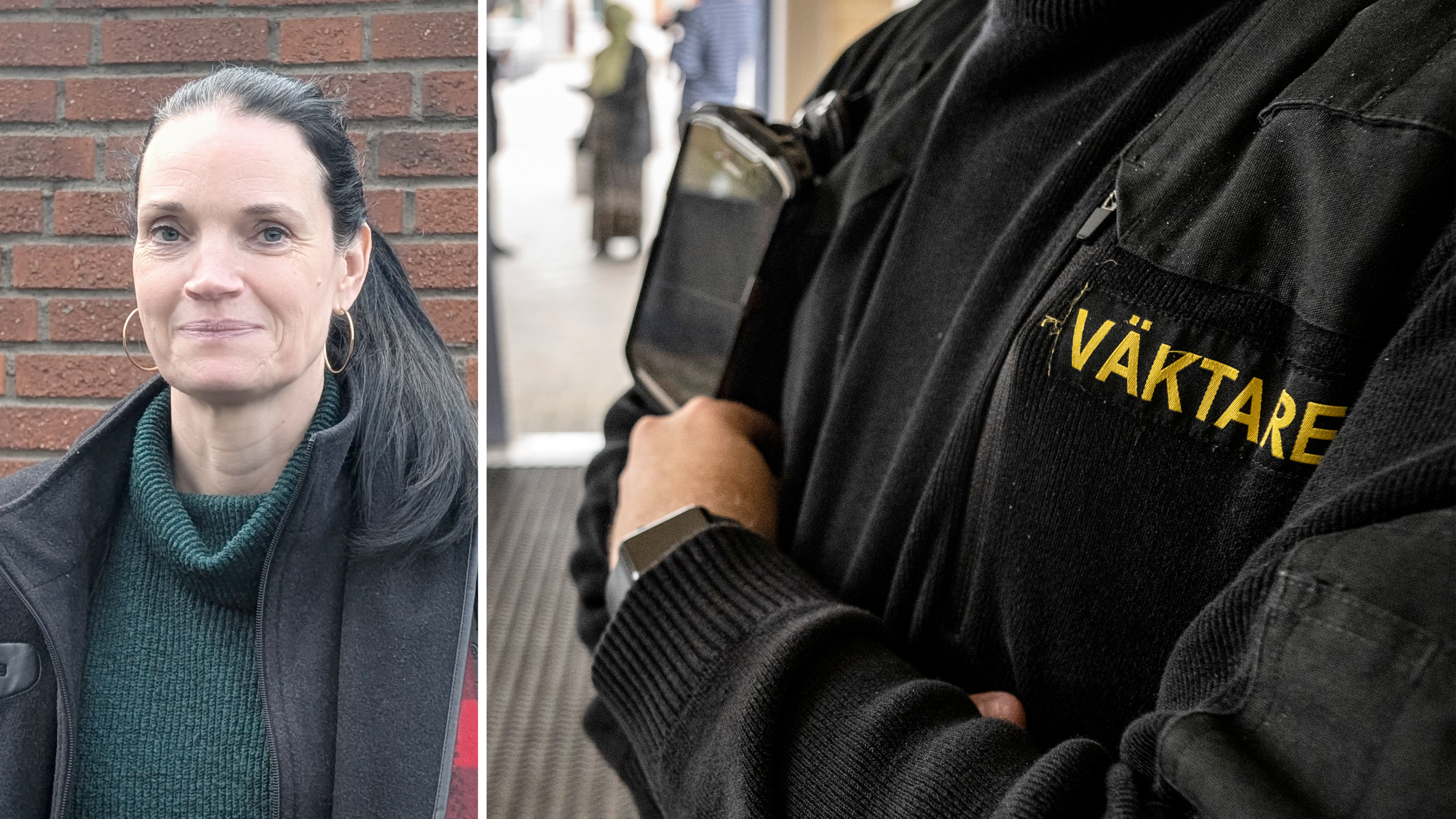 Bildmontage med foto på Pernilla Pettersson invid foto på en väktare