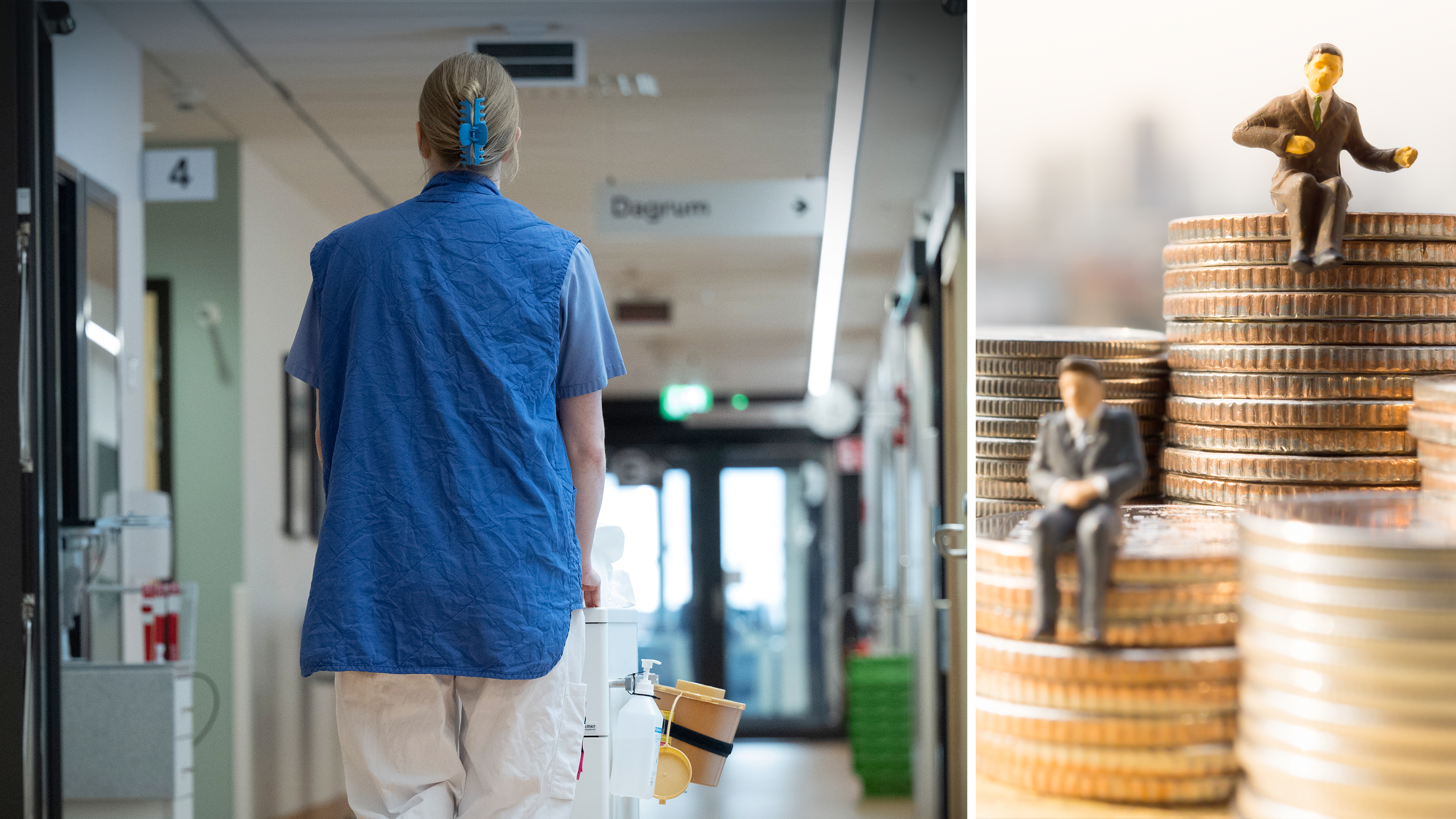 Bildmontage med en kvinna i vårduniform som går i en korridor, invid ett foto på två plastfigurer i kostym och slips sittande på högar med mynt.