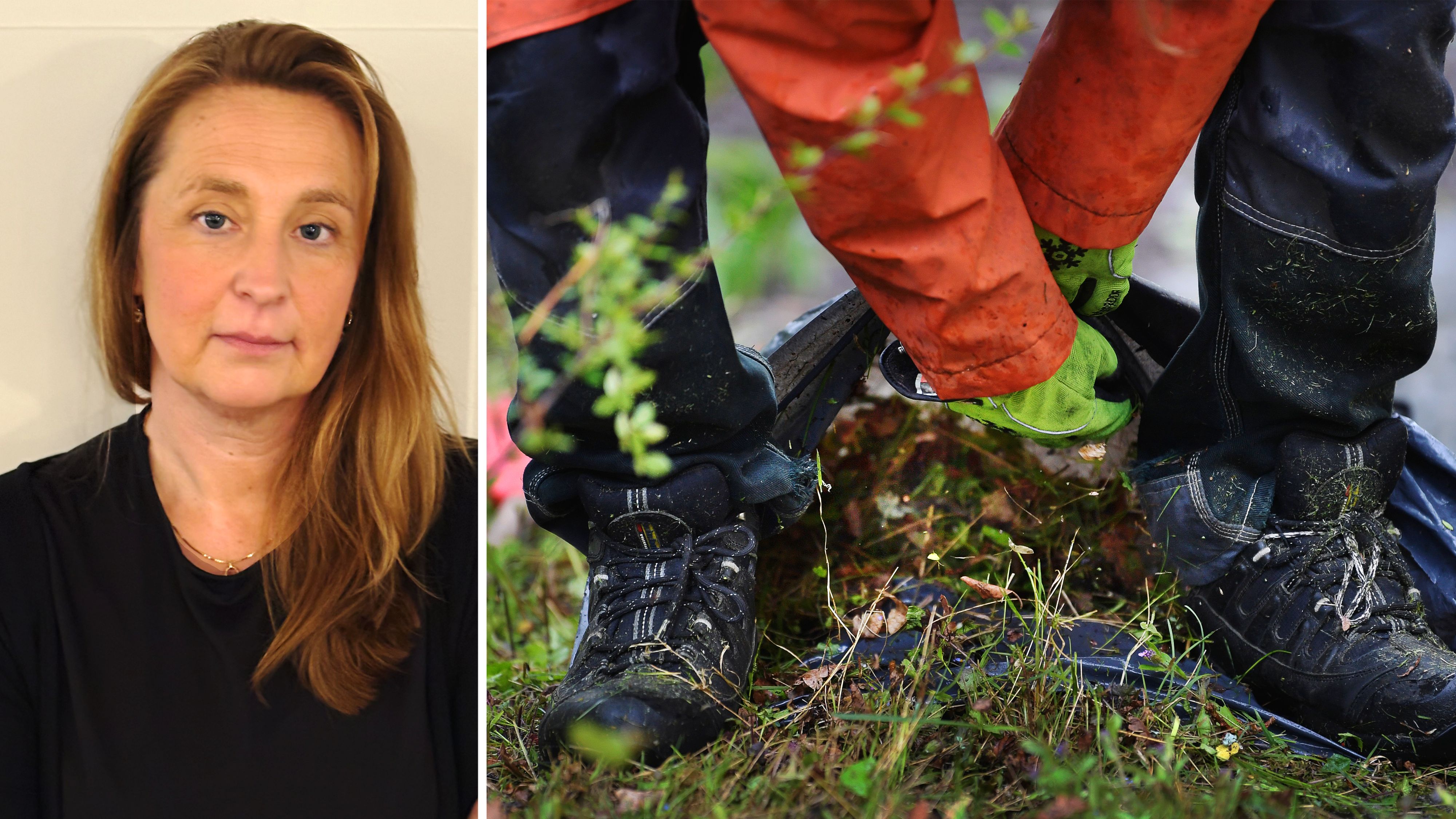 Till vänster syns en kvinna med långt hår, till höger hanterar en person i utekläder ett föremål på marken i gräs och lera.