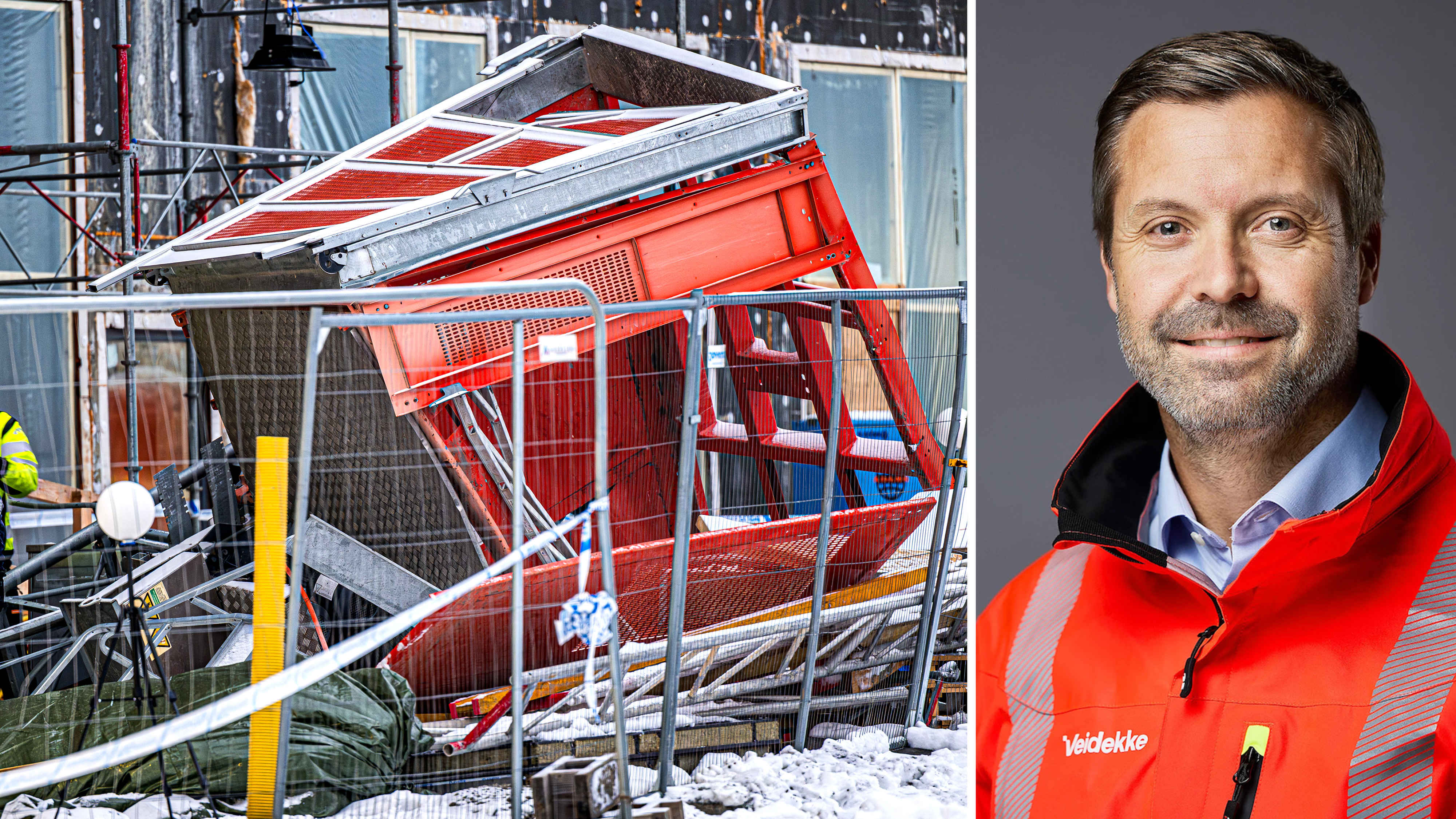 En byggarbetsplatsolycka med en röd struktur som har rasat, snö på marken och en man i röd jacka med Veidekke-logga på porträtt.
