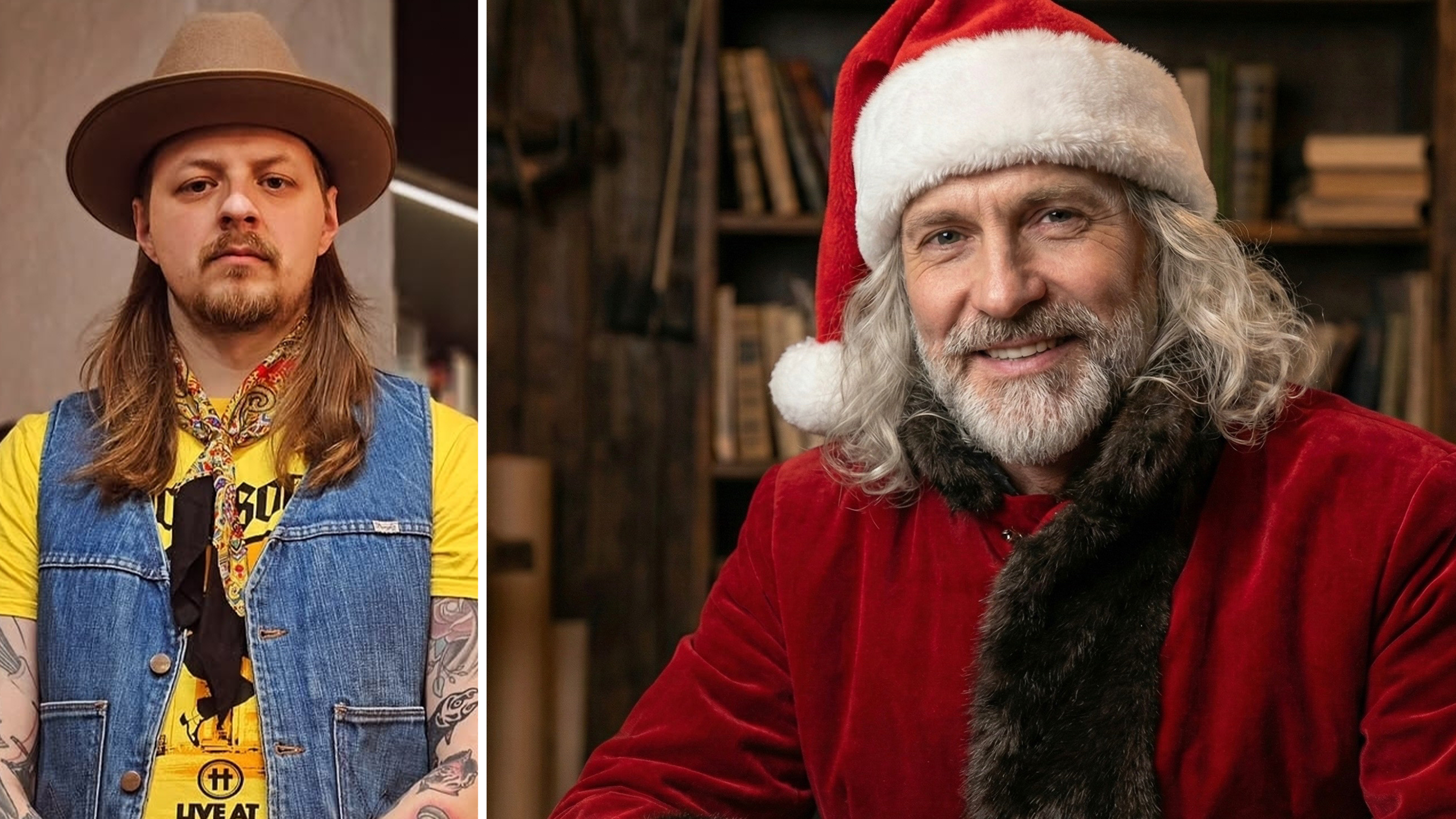 En delad bild visar en man med långt hår, tatueringar och hatt till vänster samt en äldre man med tomteluva och röd jacka till höger, båda tittar mot kameran.