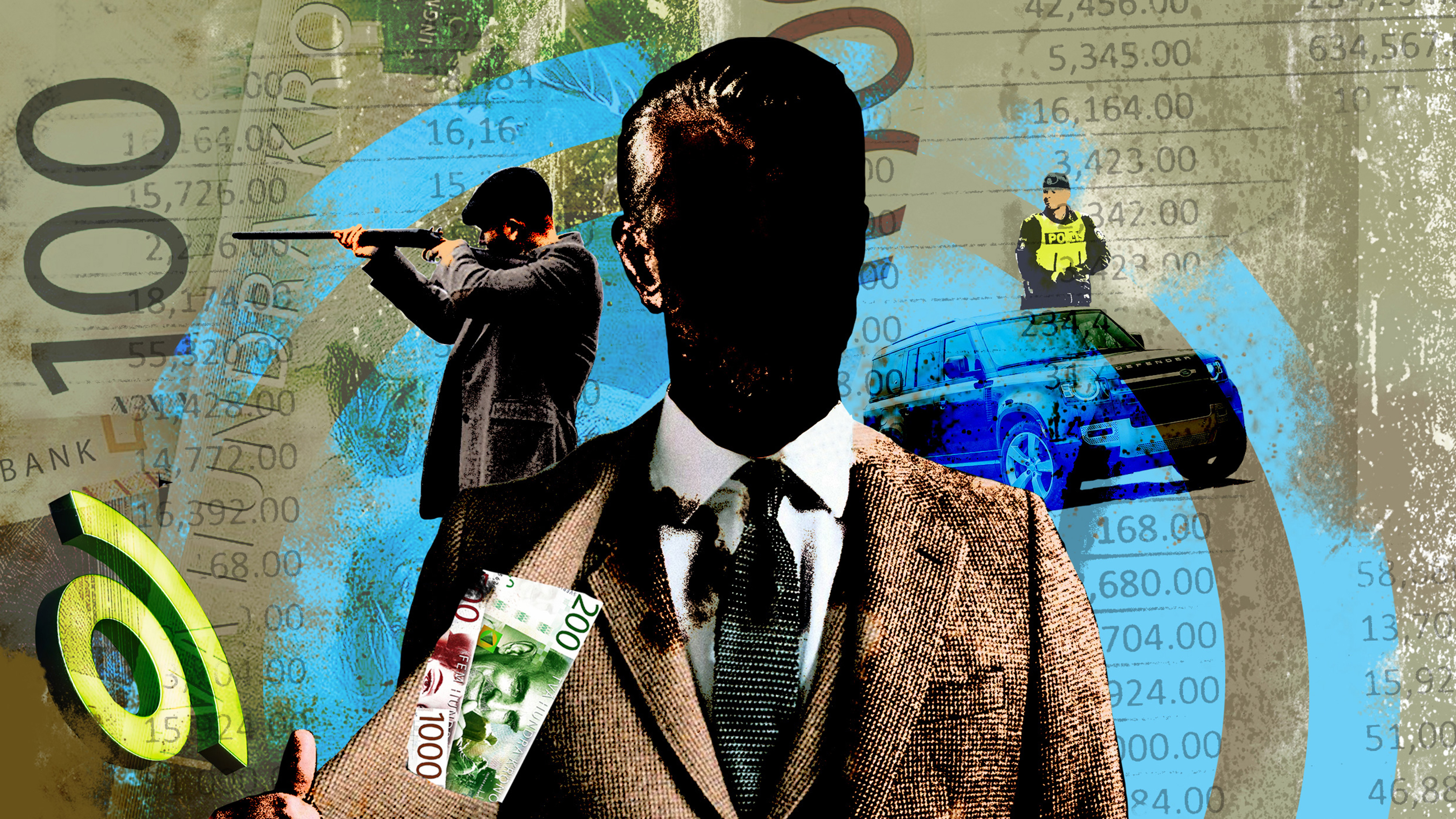En man i kostym med otydligt ansikte håller pengar, bakom står en beväpnad man, en polis och en polisbil på ekonomisk bakgrund.
