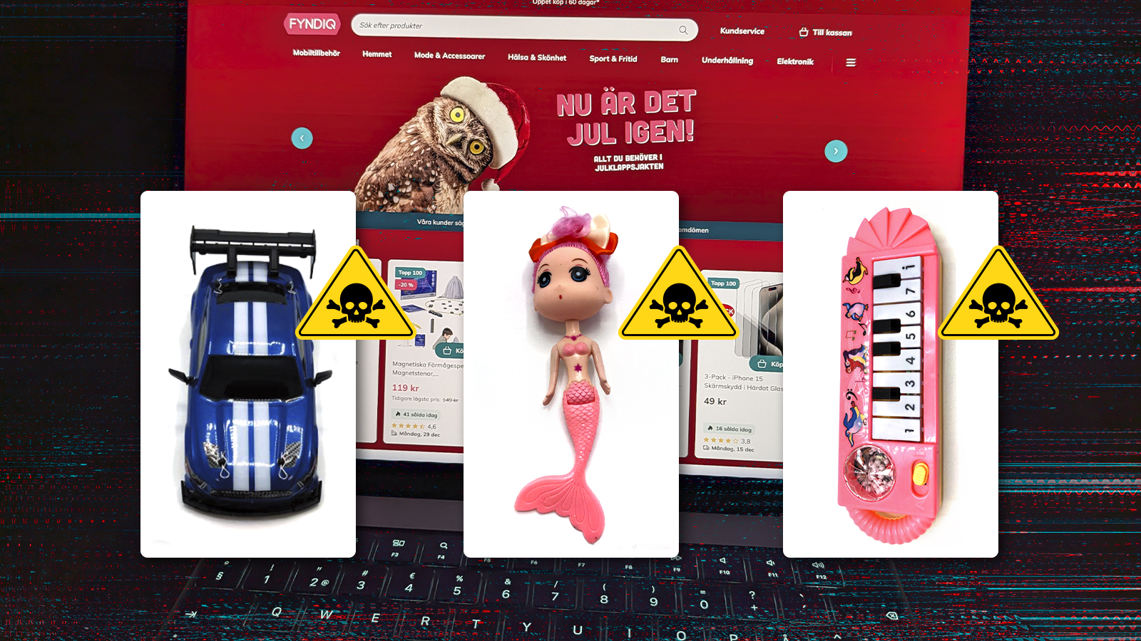 En bärbar dators skärm visar en webbplats med tre leksaksbilder: en blå bil, en sjöjungfrudocka och en rosa leksak, alla markerade med en gul varningssymbol.
