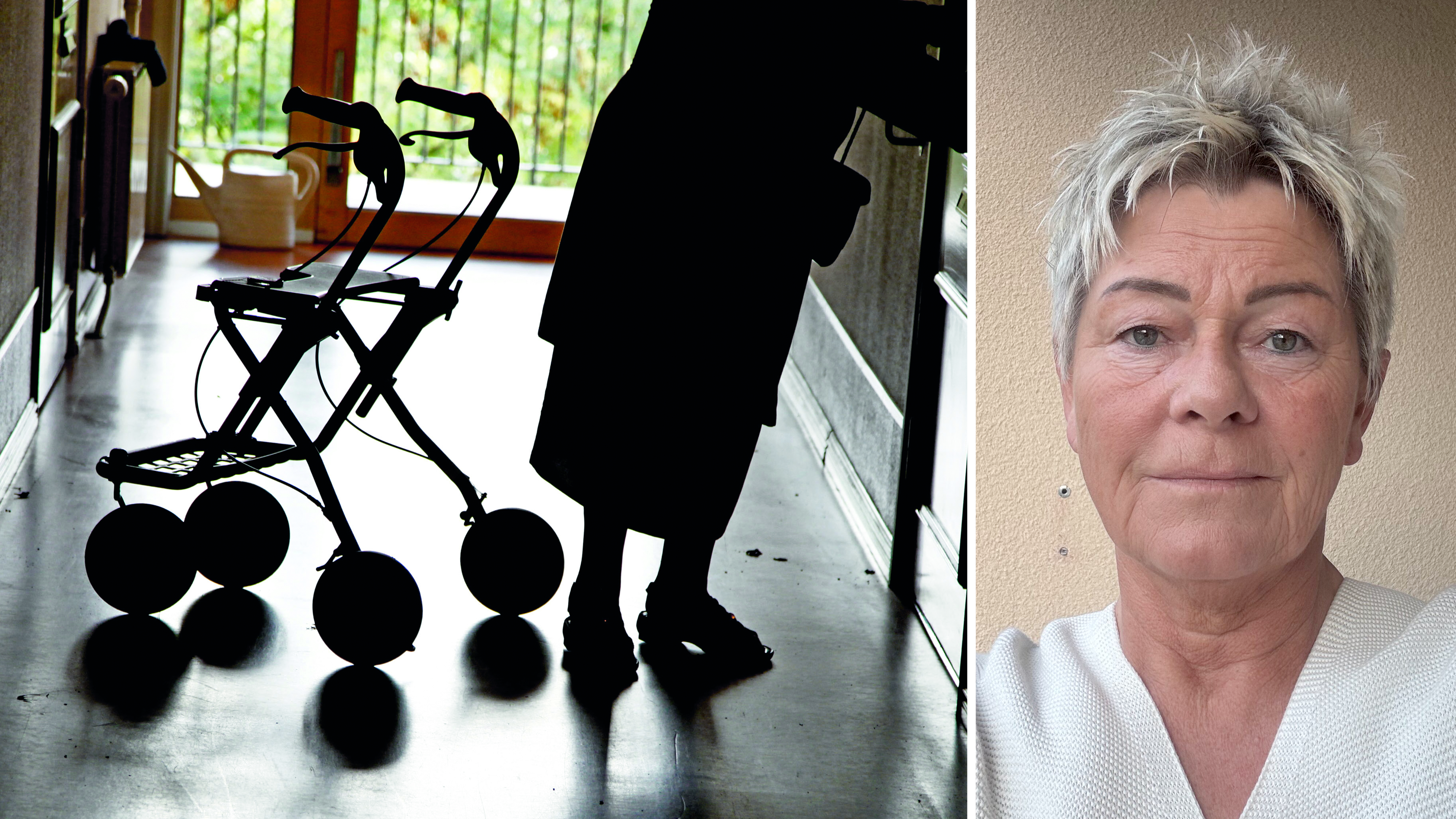 Bildmontage med foto på en äldre person med rollator i en korridor, invid ett foto på Monica Henriksson.