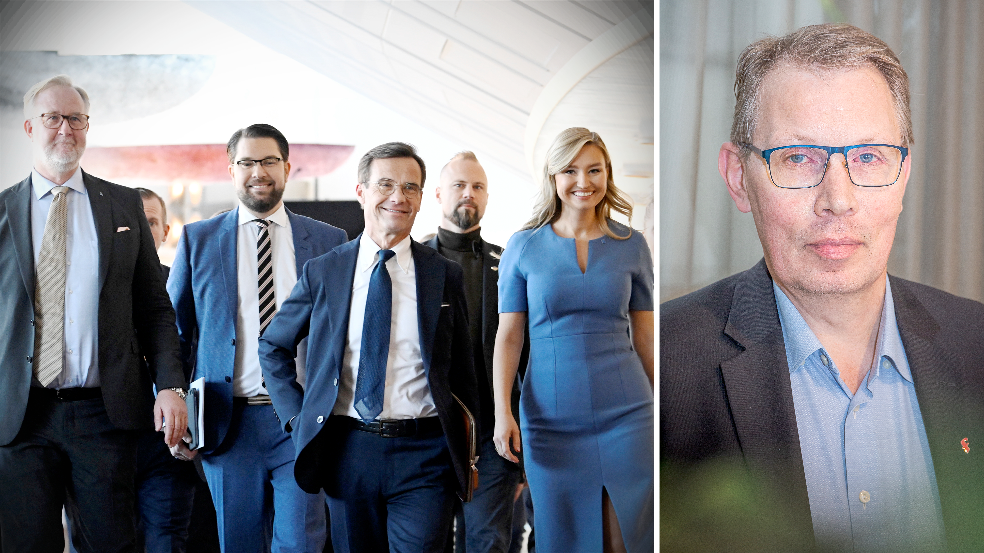 Bildmontage med ett foto på partiledarna för Tidö-partierna, invid ett foto på Fastighets ordförande Nicklas Nilsson.