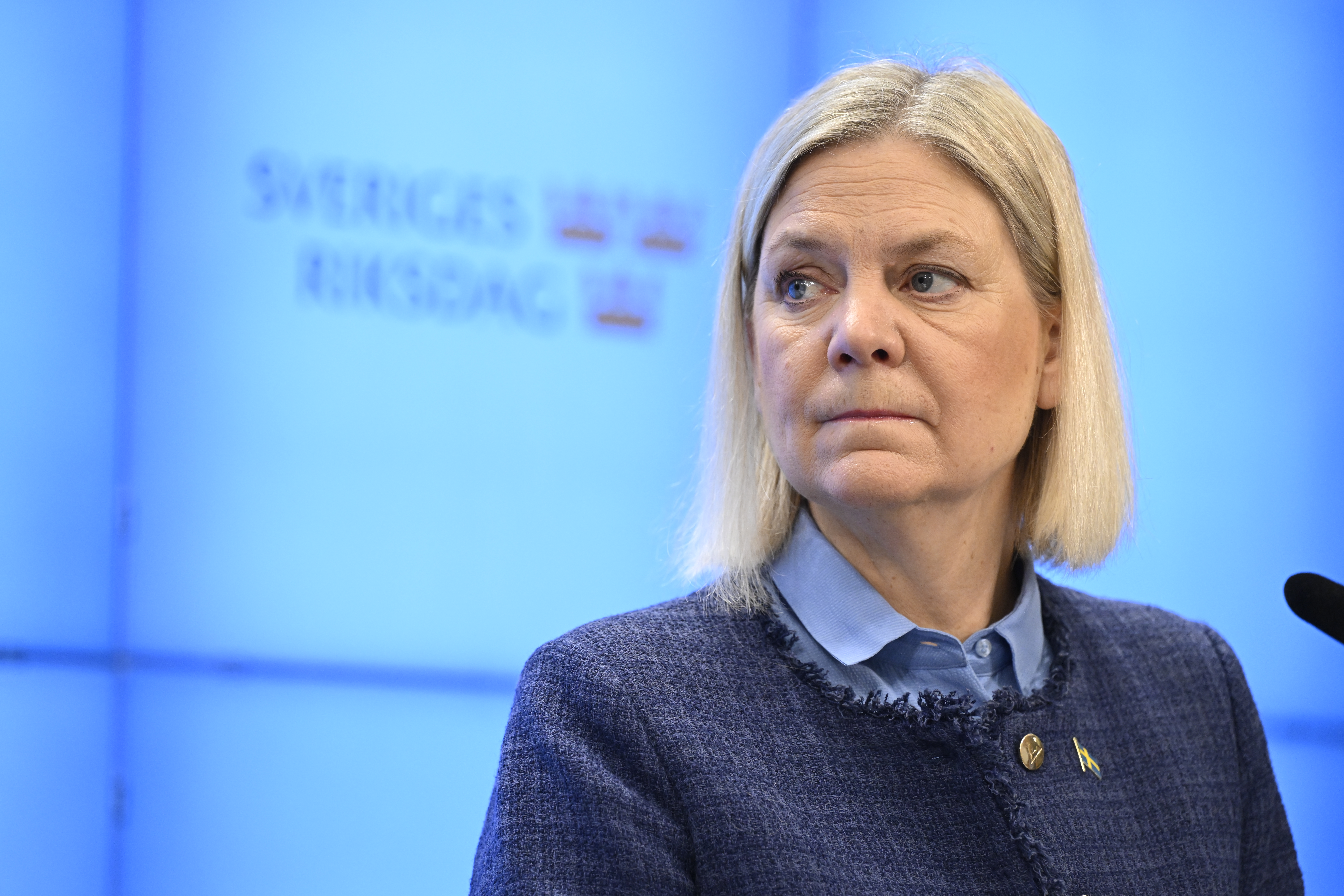 En kvinna i blå kostym står framför en blå bakgrund med texten "Sveriges Riksdag". Hon har blont axellångt hår och neutral min.