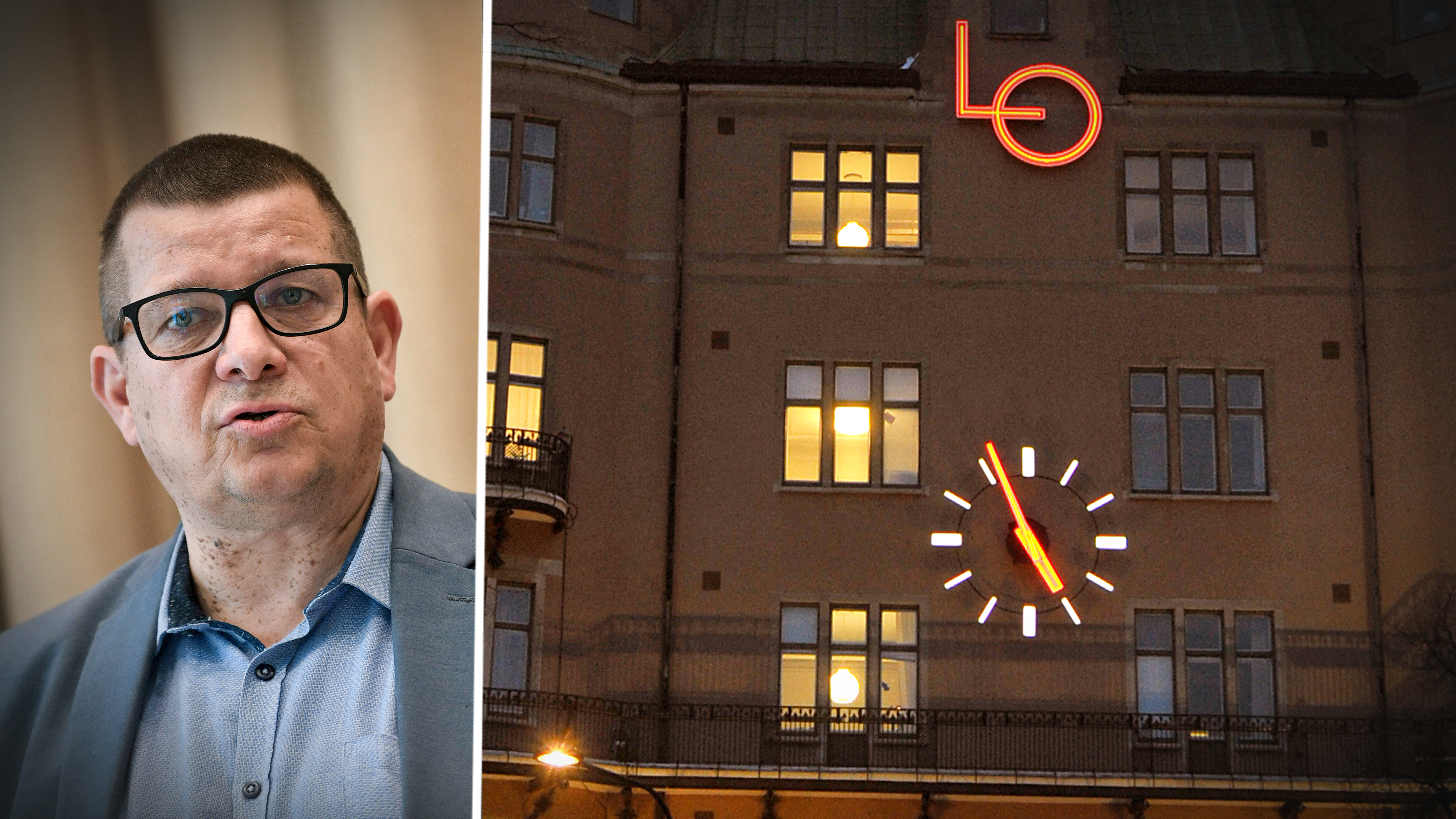 Till vänster står Veli-Pekka Säikkälä med glasögon och kavaj; till höger syns en byggnad med LO-logotyp, klocka och upplysta fönster.