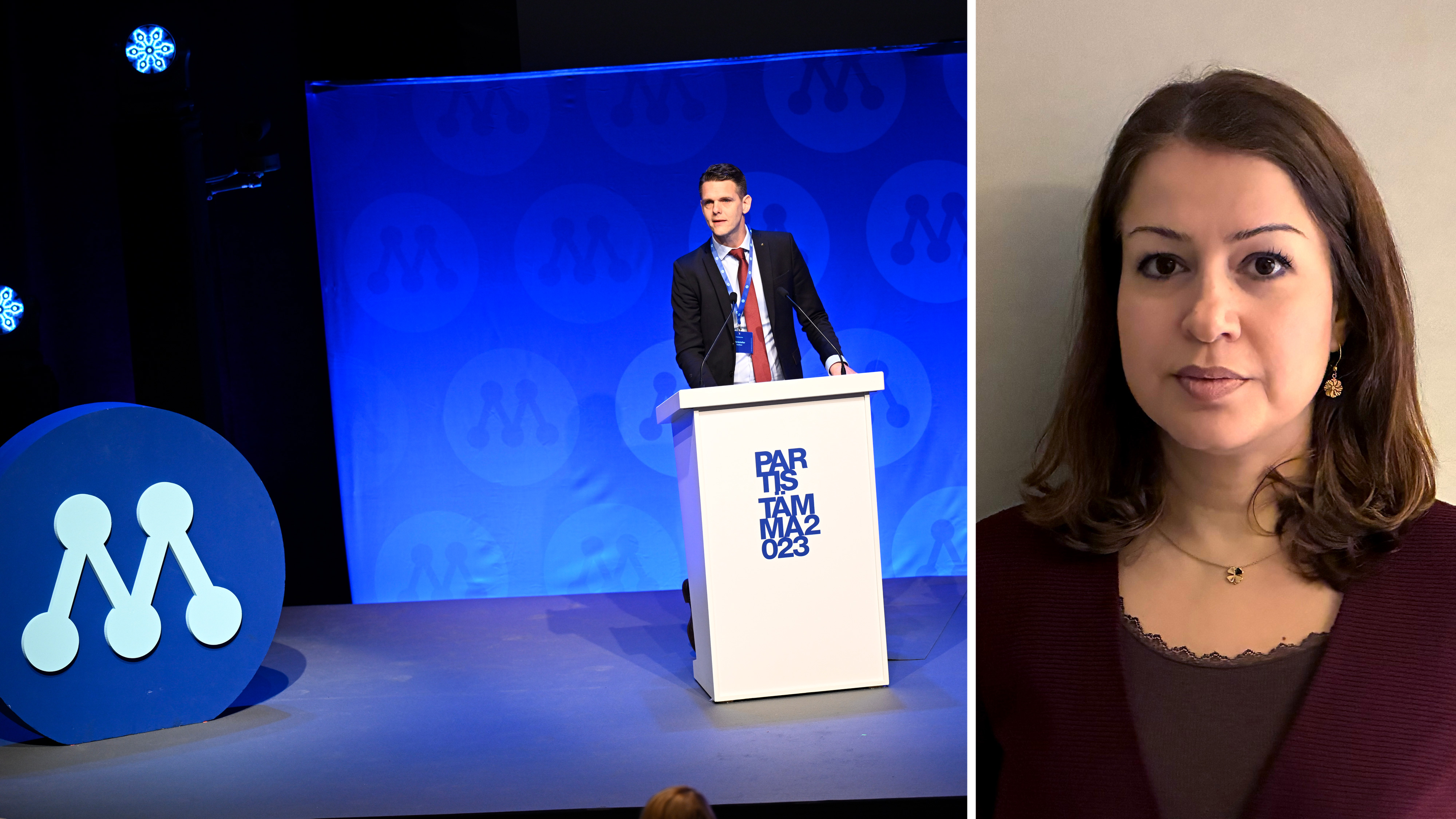 En man talar vid ett podium på en scen med en stor "M"-logotyp; bredvid honom finns en porträtt av en kvinna mot enfärgad bakgrund.