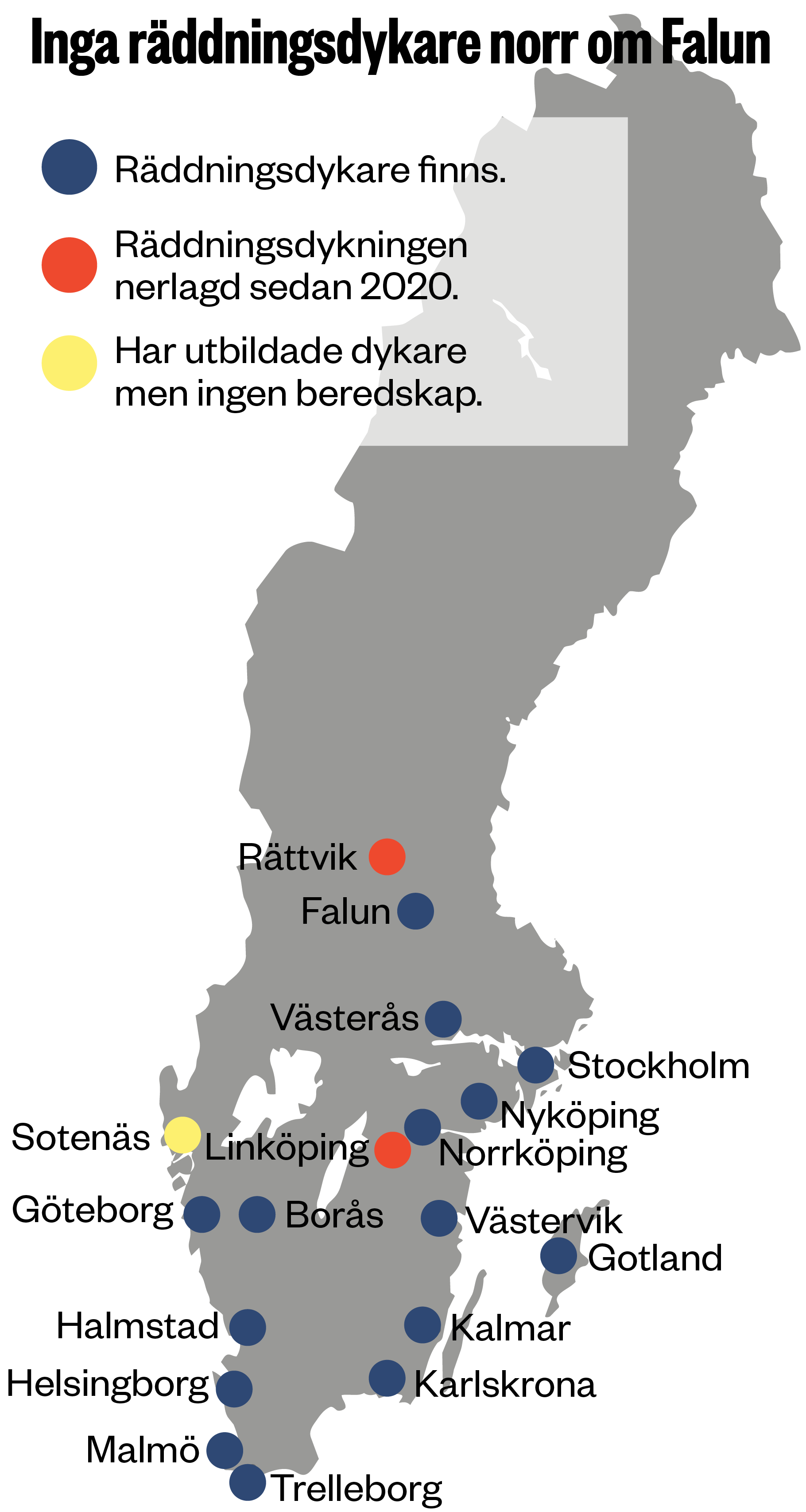 Karta som visar var i Sverige det finns räddningsdykare, och vilka som lagt ner sedan 2020.