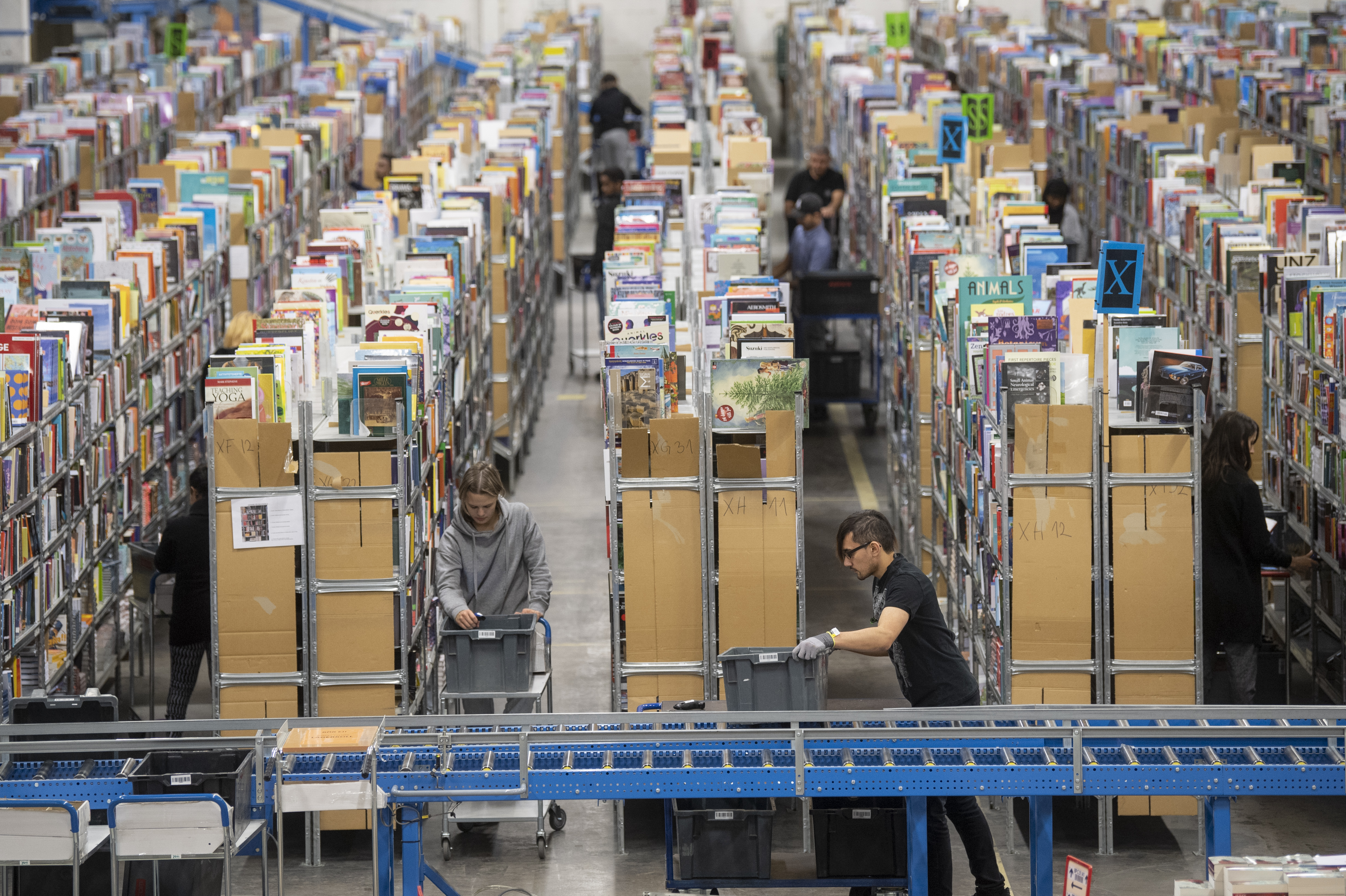 Arbetare flyttar vagnar mellan höga hyllor med böcker och kartonger i en lagerlokal. Blå transportband syns i förgrunden.