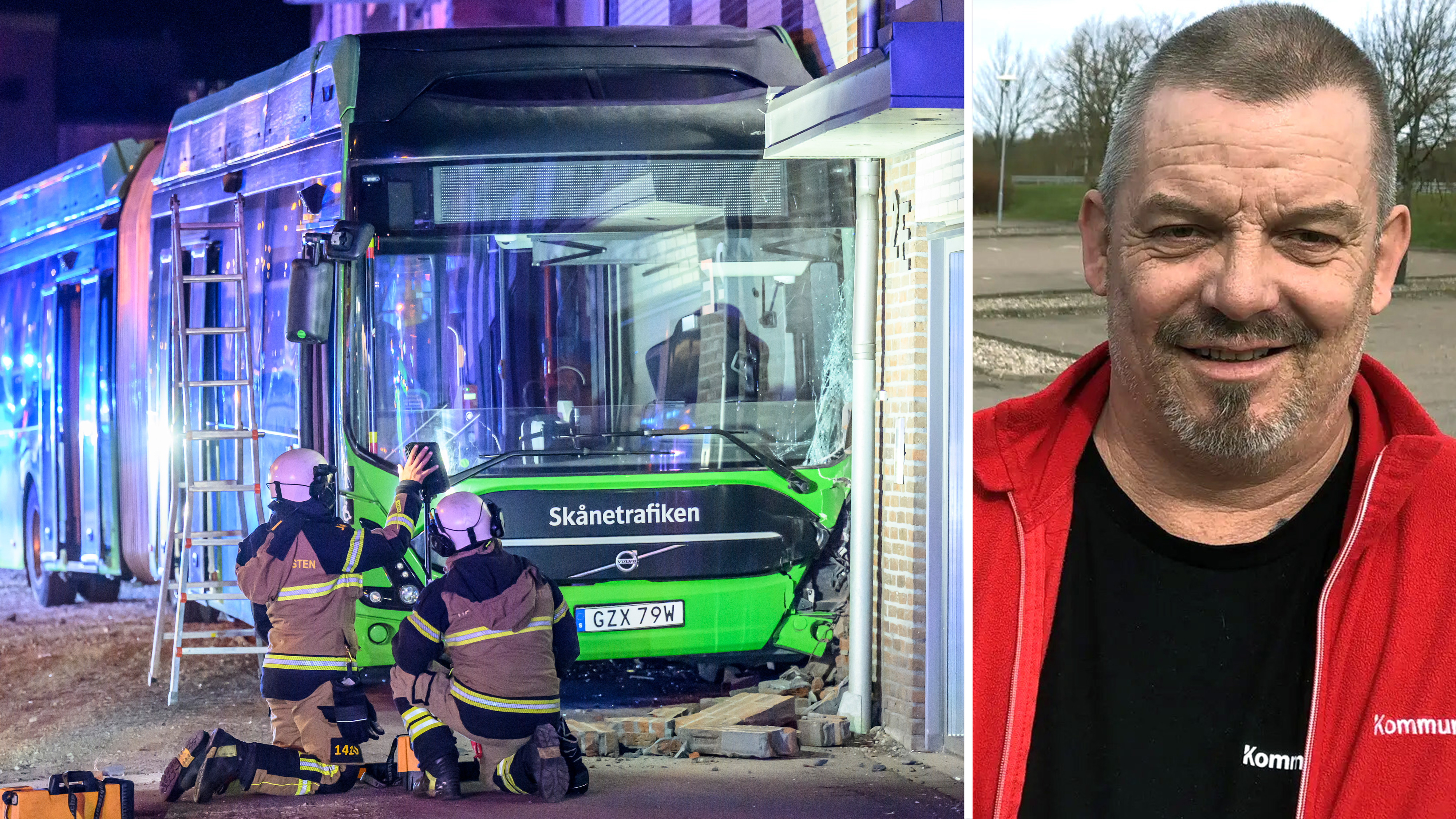 Två brandmän undersöker en grön Skånetrafiken-buss som kört in i en byggnad. Bredvid står en man i röd jacka och ler mot kameran.