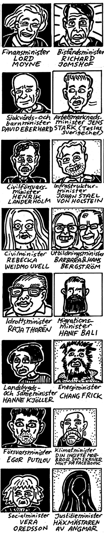 Ett rutnät med 18 handritade porträtt i svartvitt, alla märkta med olika känslor eller tillstånd som förvånad, äcklad och misstänksam.