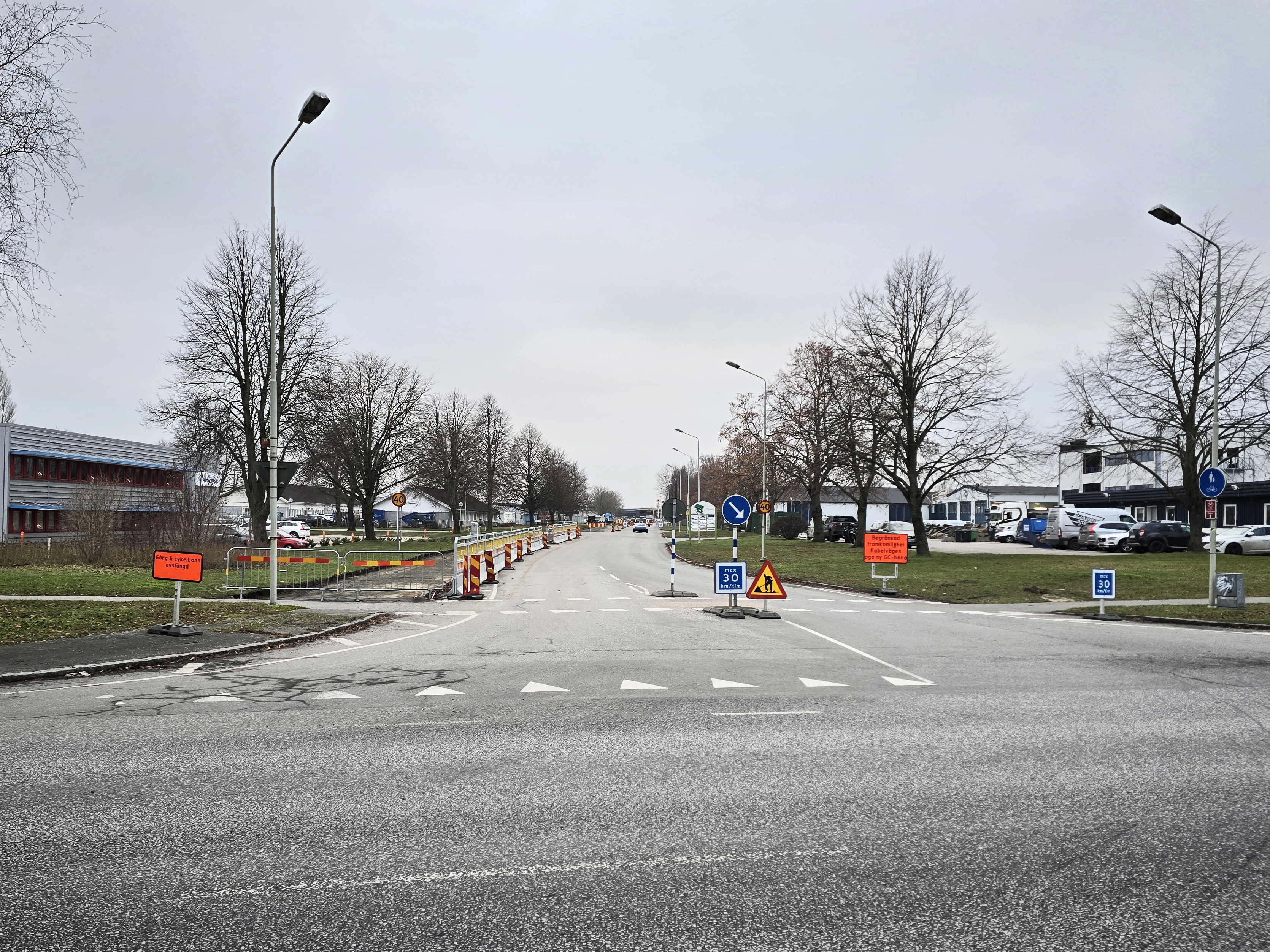 En gatukorsning med trafikkoner, byggskyltar och parkerade bilar till höger; träd utan löv på båda sidor under molnig himmel.