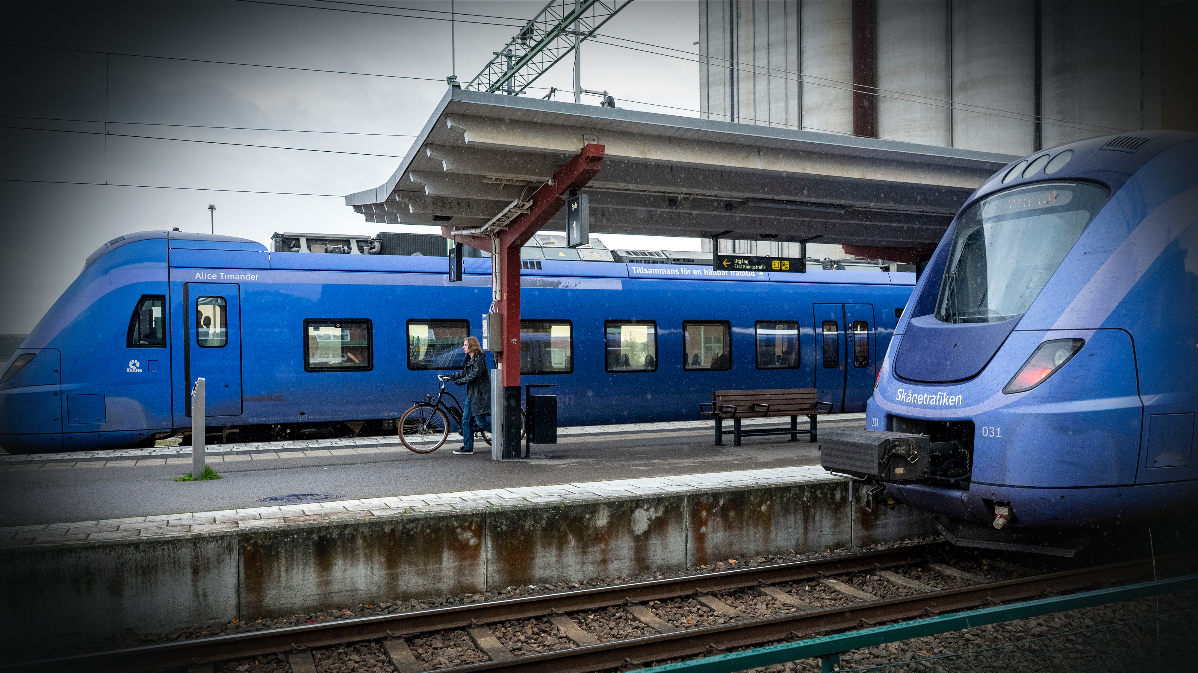 Två blå passagerartåg står vid en stationsplattform. En person går med en cykel under ett tak i närheten.
