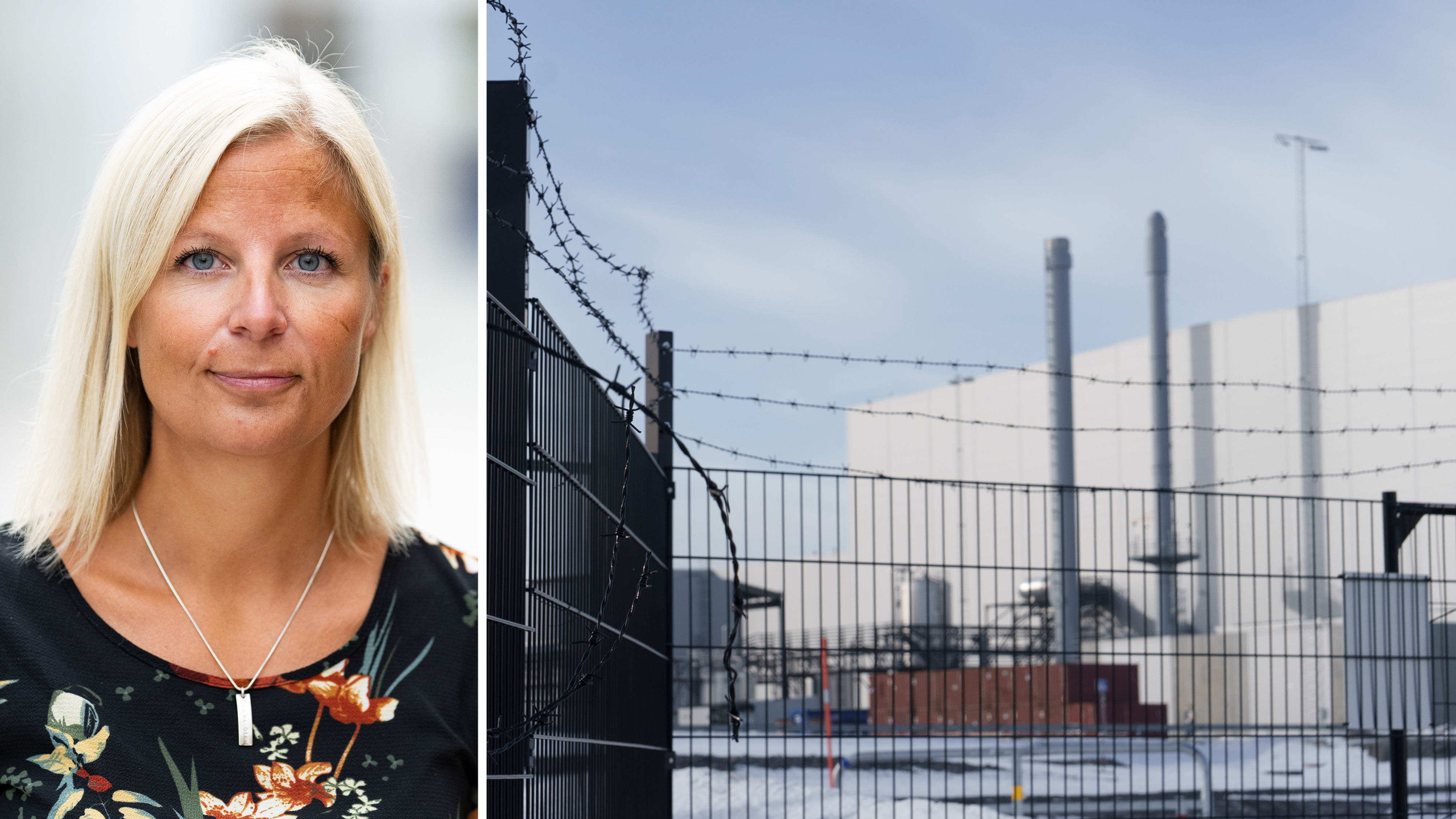 Camilla Edholm med blont hår är till vänster; till höger finns en inhägnad industrianläggning med skorstenar under molnig himmel.