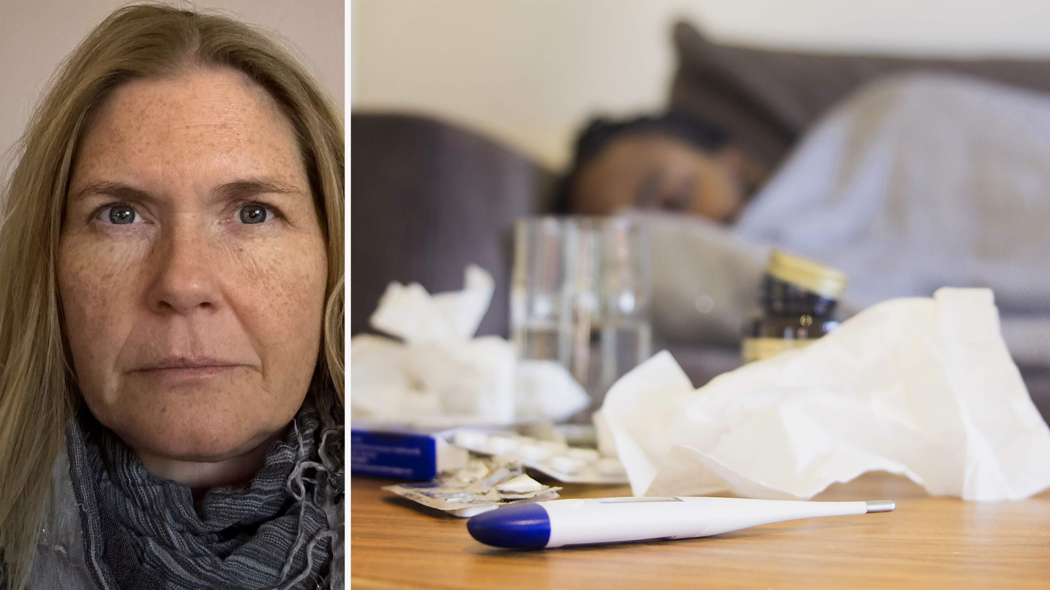 Närbild av en kvinna med neutral min, bredvid en person som vilar på en soffa, med näsdukar, medicin och termometer på bordet.