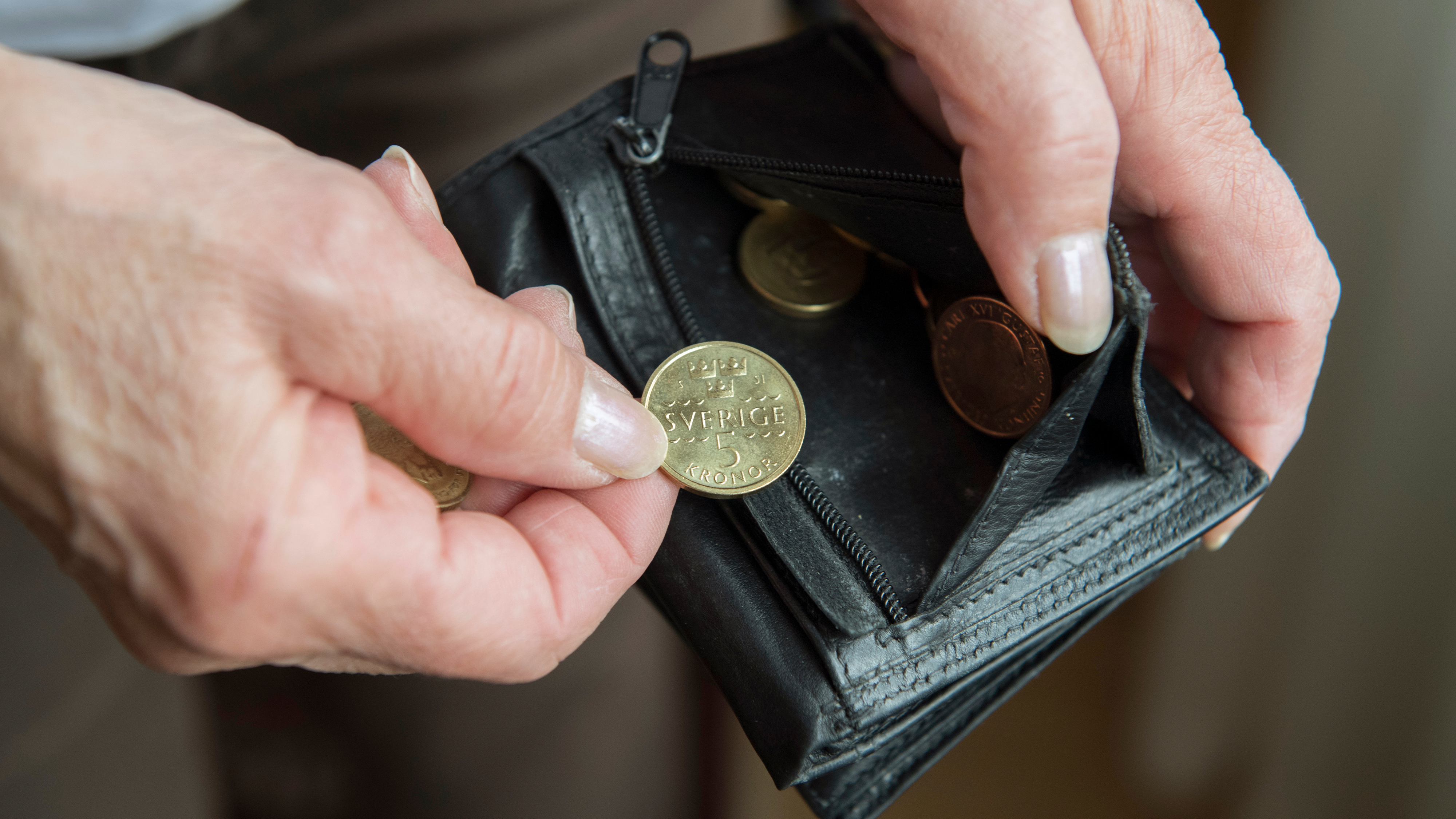 En person håller ett svart myntfodral och visar svenska kronmynt, med ett mynt mellan fingrarna.