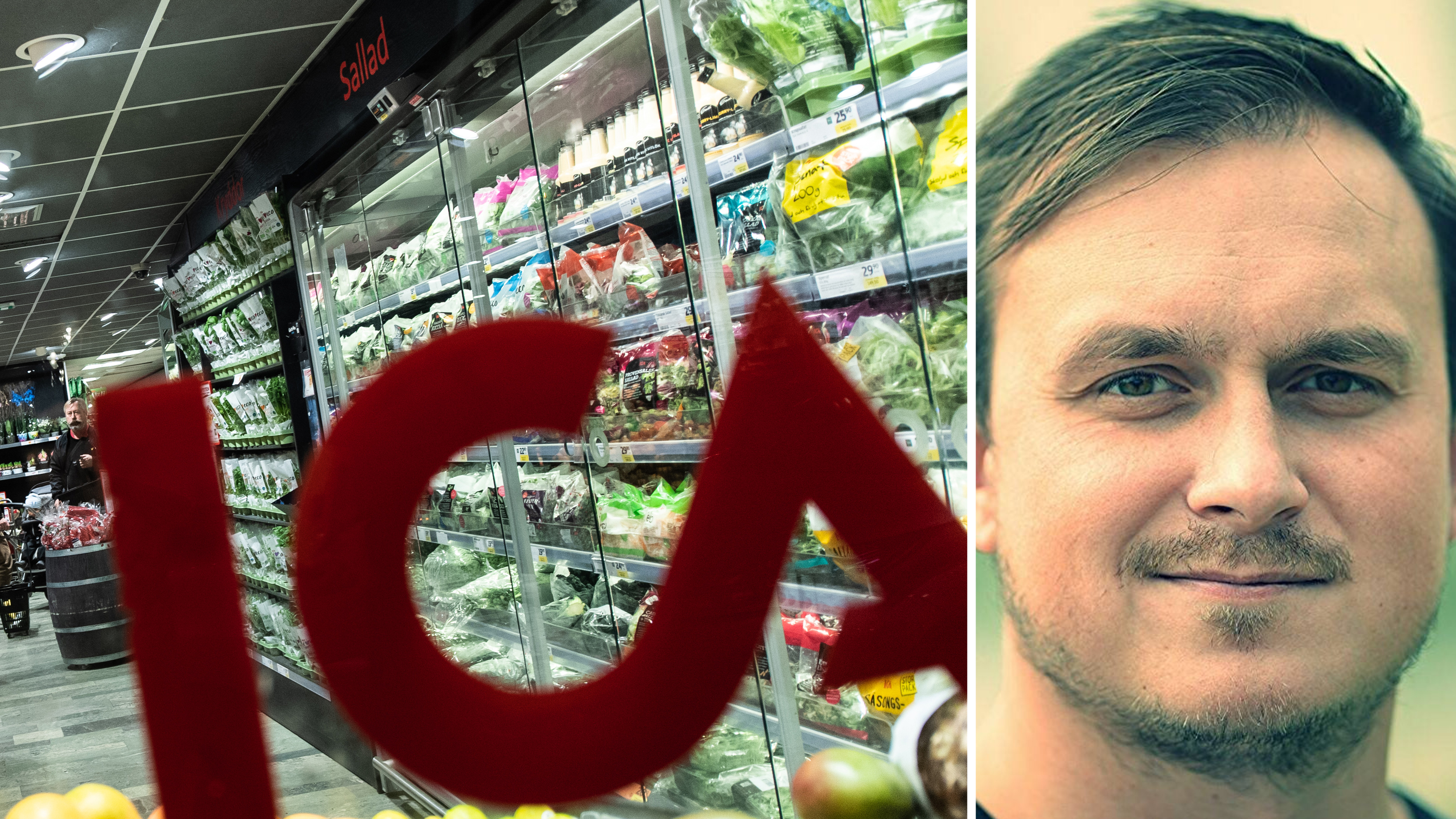 Delad bild på ett fönster där det står Ica med varor bakom och en man som tittar i kameran.
