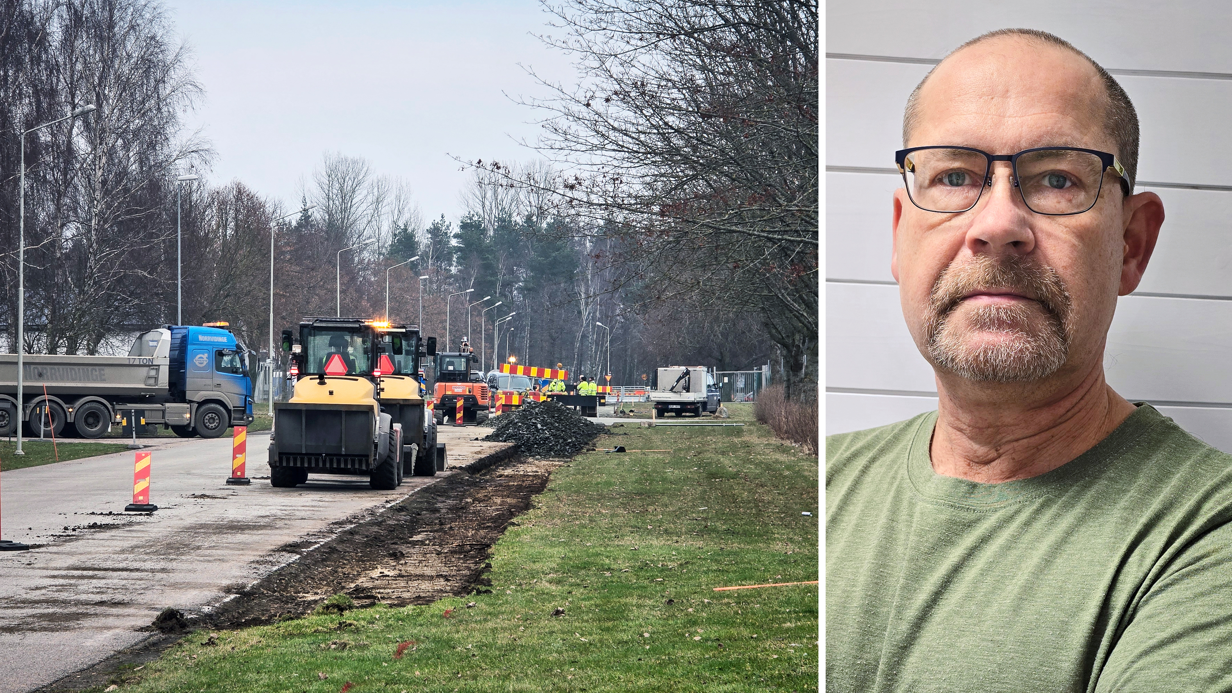 Ett vägarbetsteam arbetar på en gata med maskiner och trafikkoner; till höger står en man med glasögon och skägg mot en vit vägg.