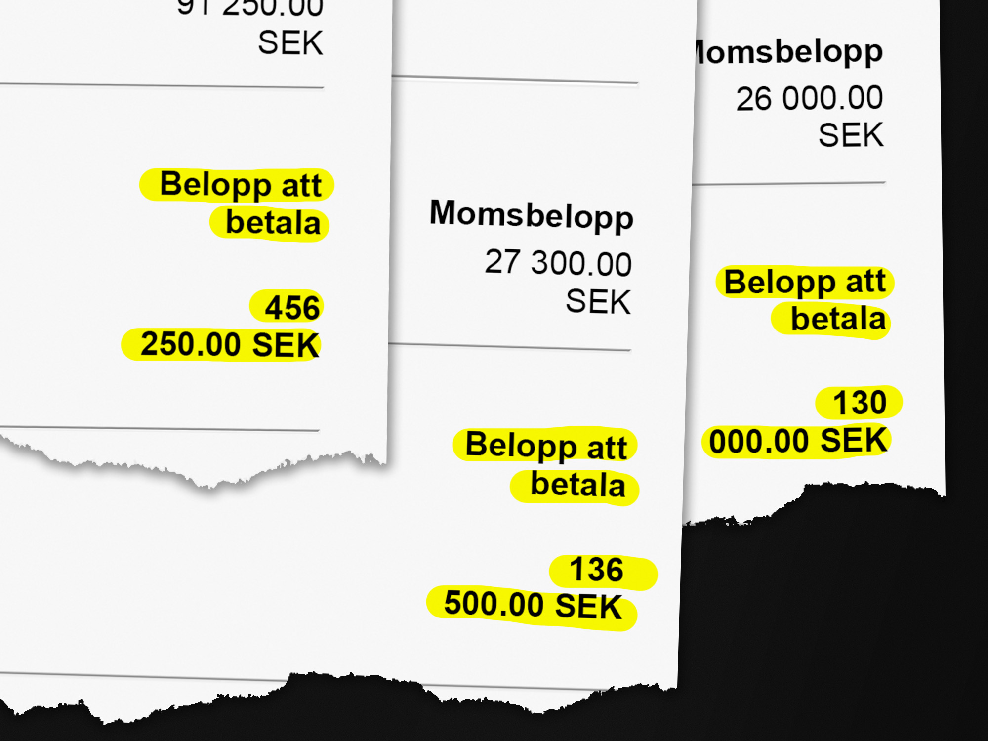Tre pappersfakturor med markerad svensk text "Belopp att betala" och summorna 456 250,00; 136 500,00; 130 000,00 SEK.
