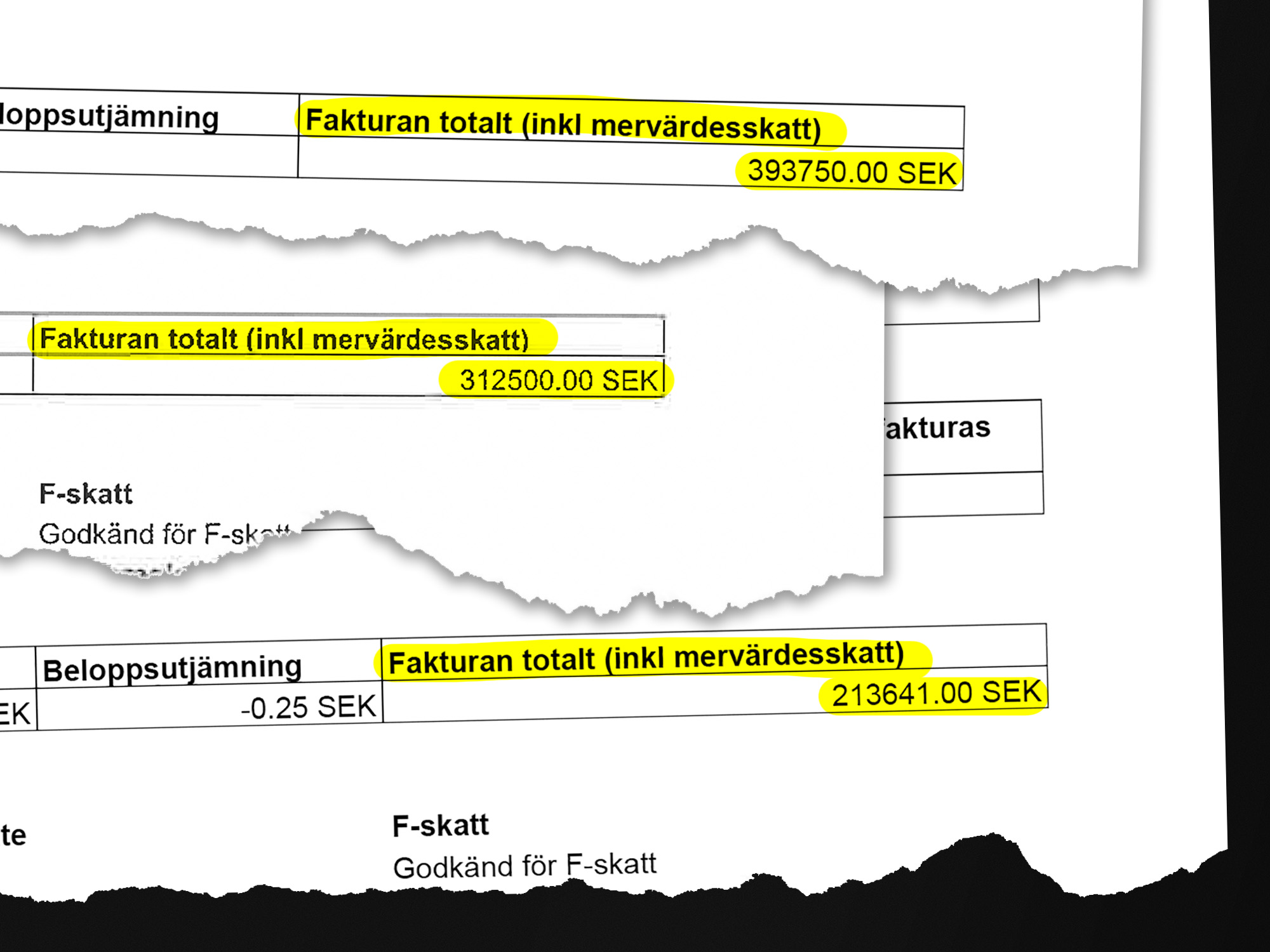 Dokument visar tre fakturabelopp i SEK: 393750,00; 312500,00 och 213641,00. Texten är huvudsakligen på svenska.