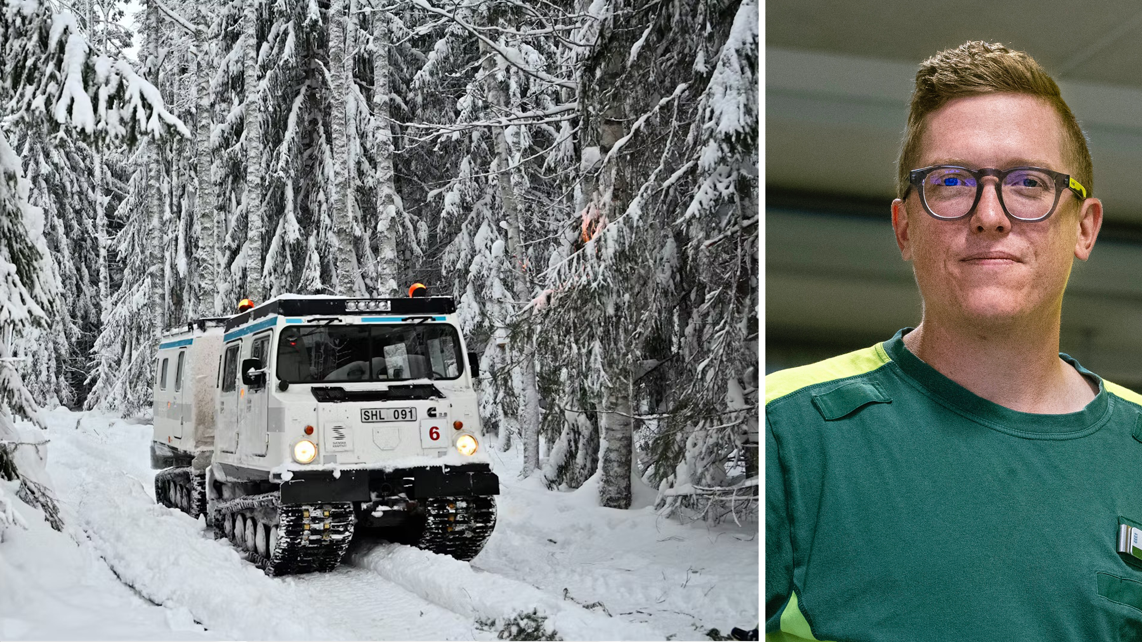 Ett banddrivet räddningsfordon kör genom en snötäckt skog; bredvid syns ett porträtt av en person med glasögon och grön uniform.