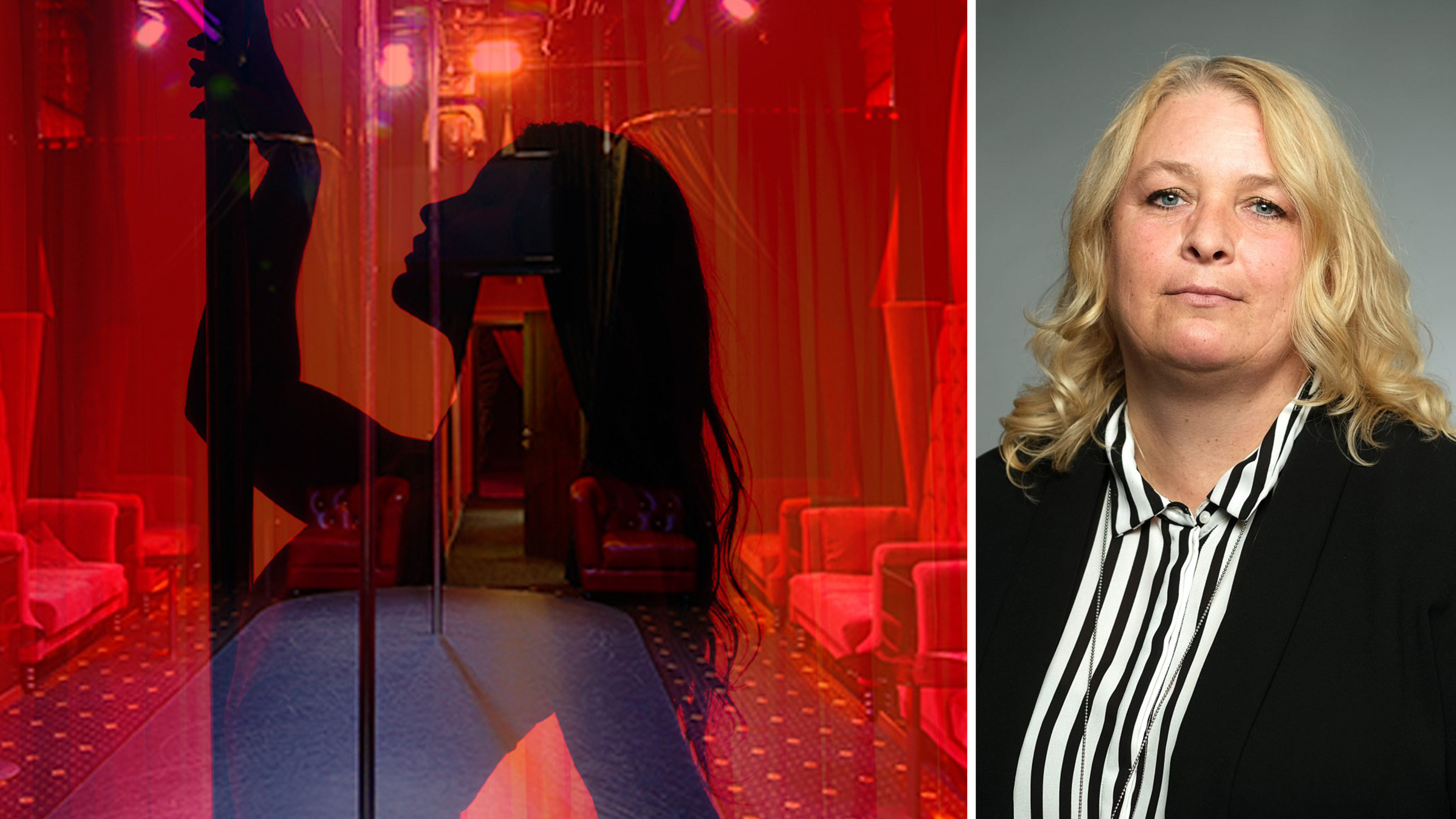 Ett strippklubbsinteriör med en dansares silhuett syns till vänster; till höger poserar en kvinna i arbetskläder för porträtt.