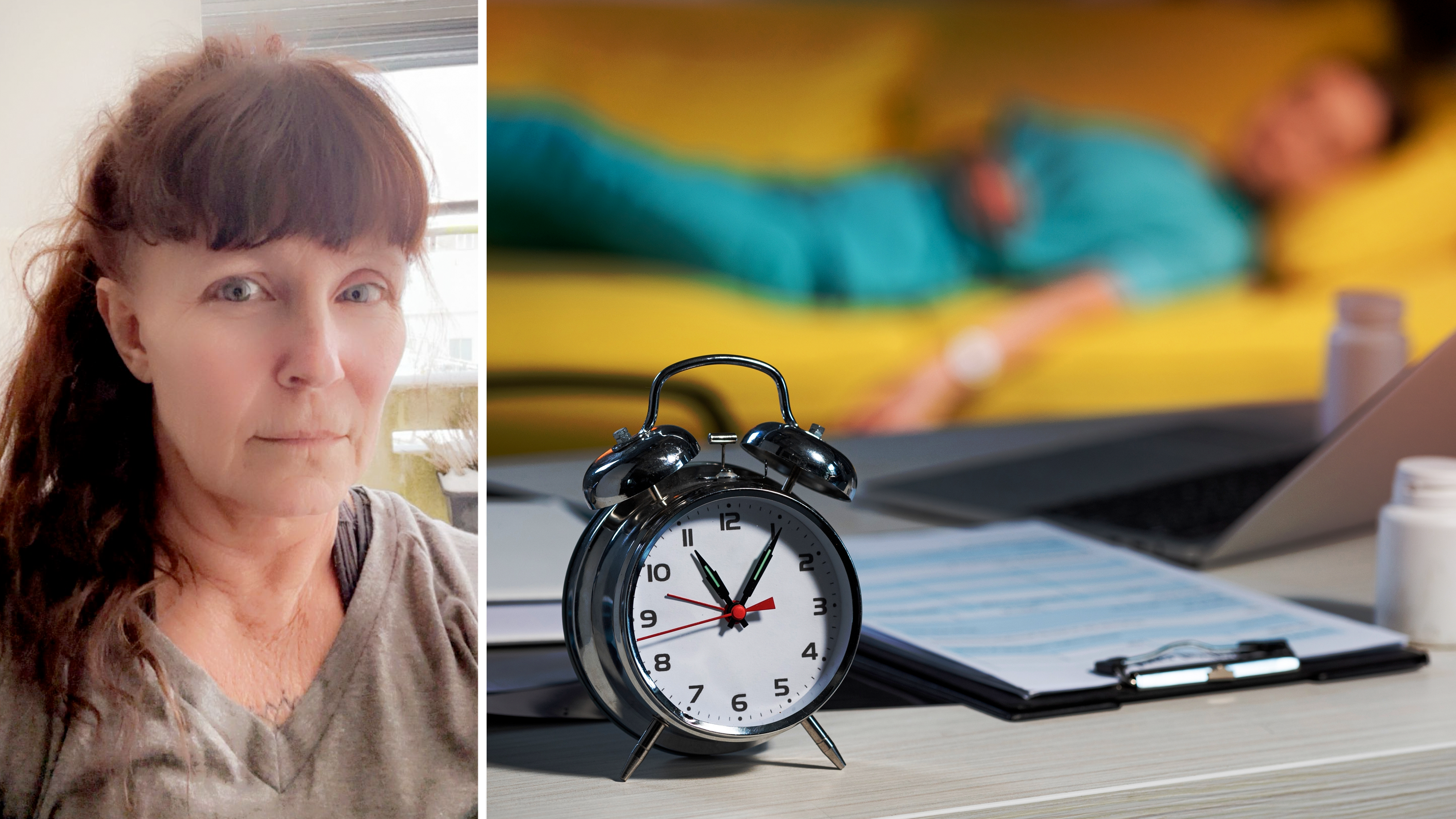 Bildmontage med foto på Maria Bennarsten invid en bild på en väckarklocka och journalblock framför en person som sover i en soffa.