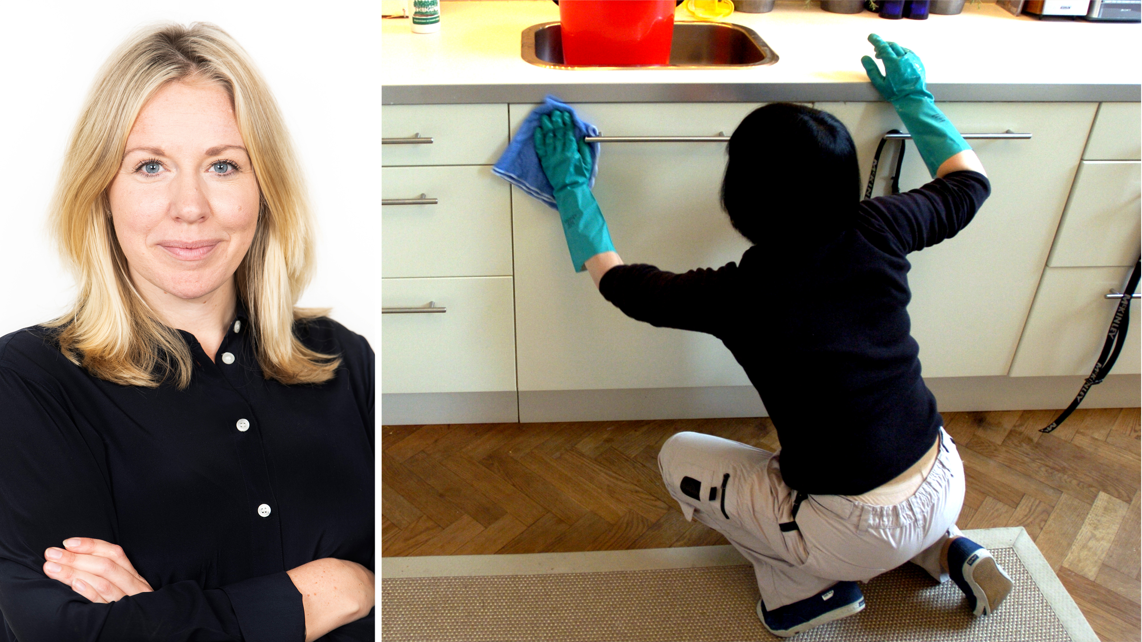 En kvinna med blont hår i svart tröja står med armarna i kors. Bredvid henne rengör en person med handskar köksskåp.