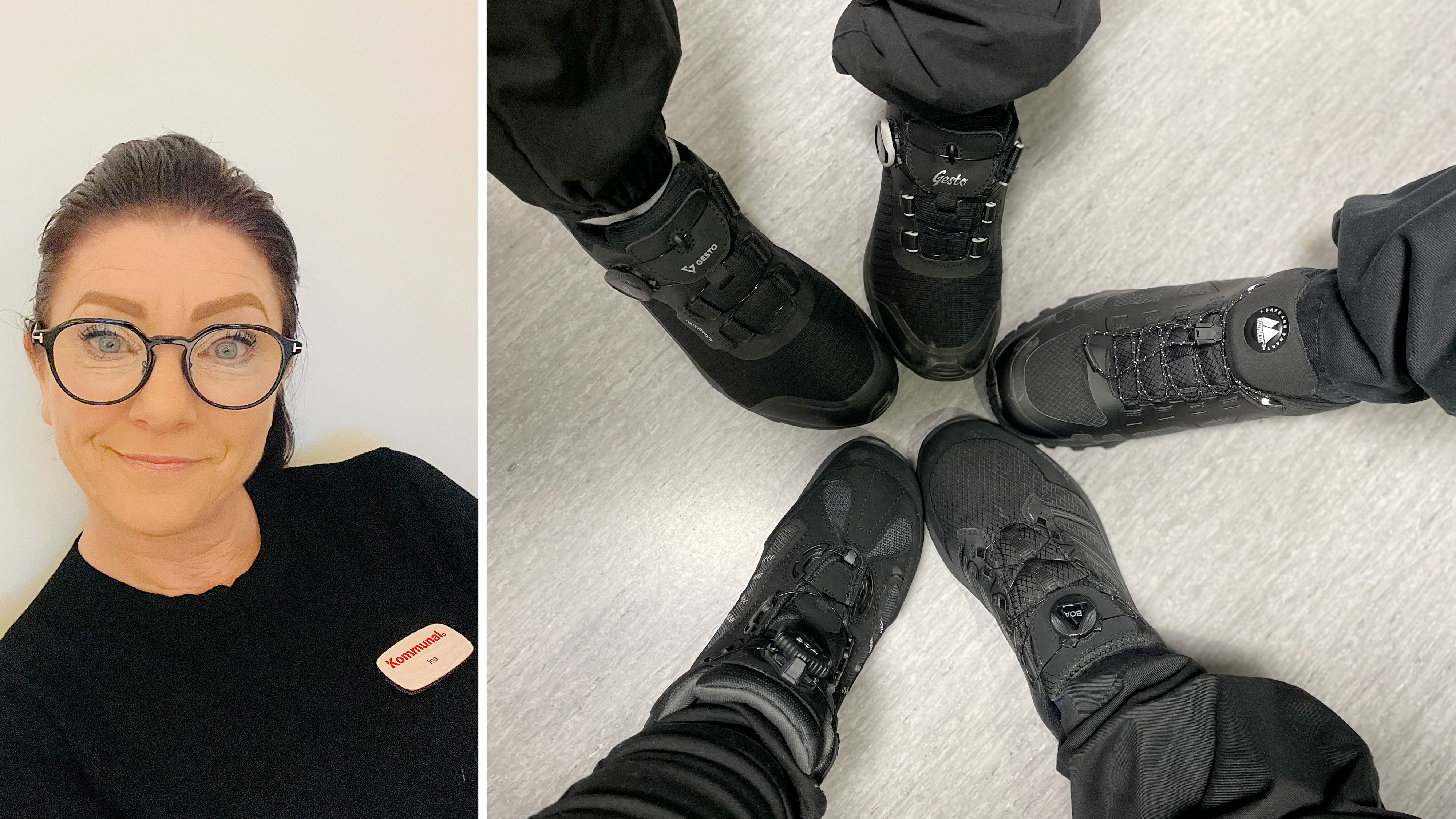 Bildmontage med foto på Ina Kling invid ett foto på fem fötter med nya, svarta arbetsskor i en cirkel.