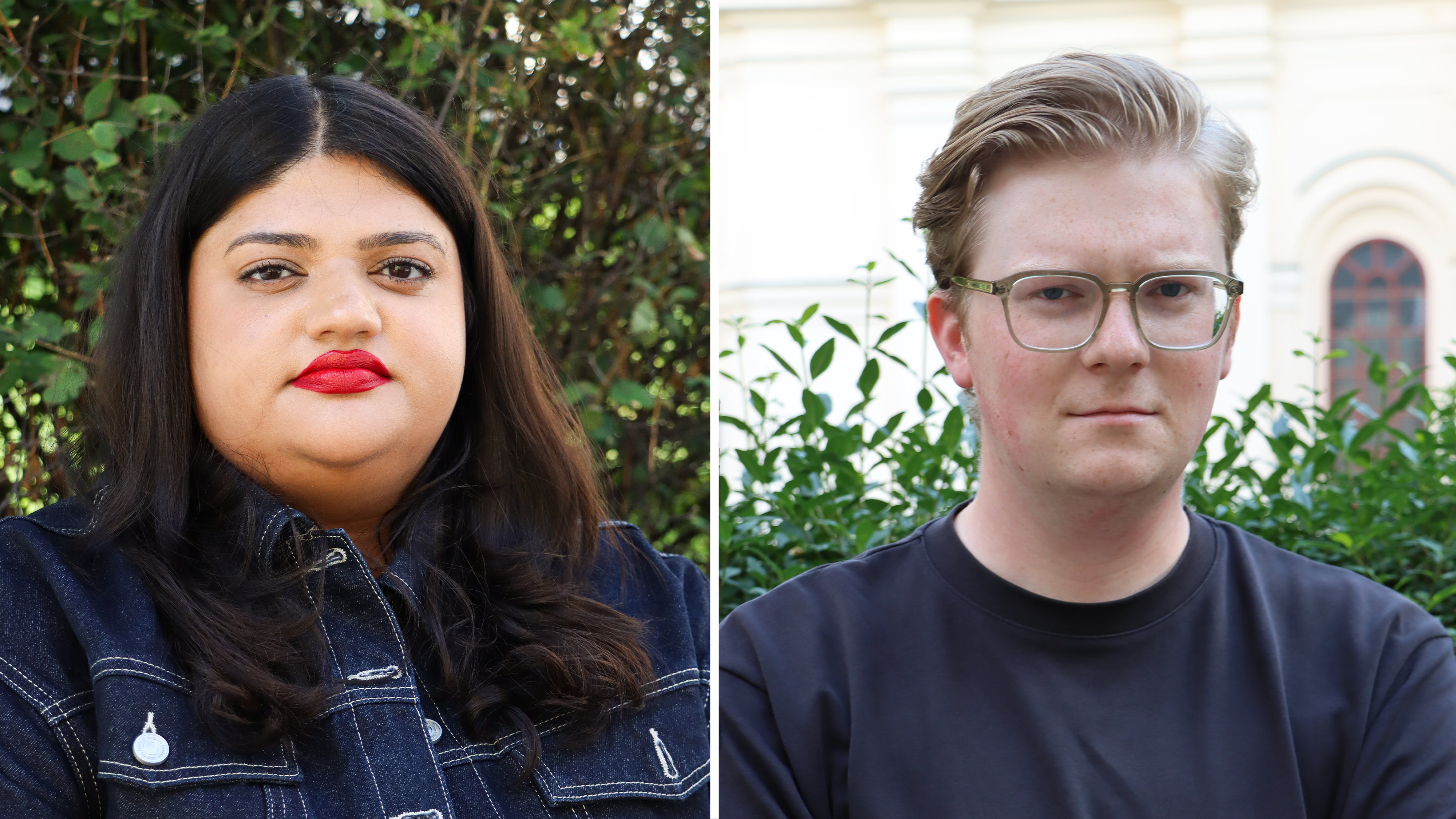 Två personer står bredvid varandra utomhus. Den till vänster har långt mörkt hår och jeansjacka. Den till höger har kort ljust hår, glasögon och skjorta.